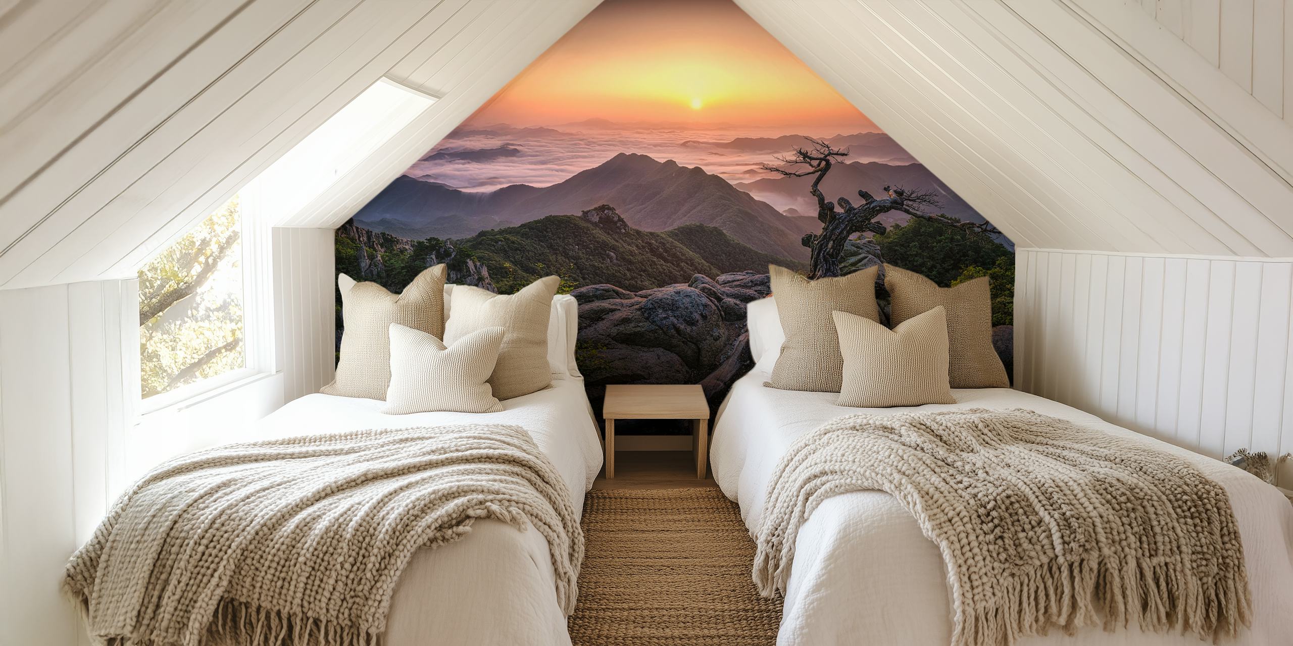 Mountain sunrise landscape with rocky terrain and tree branches wallpaper
