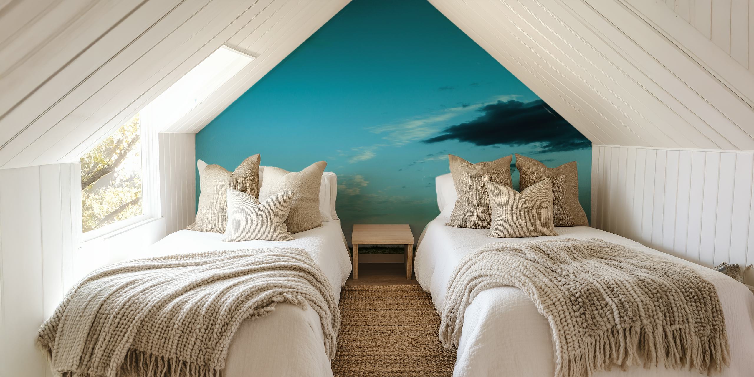 Fotomural VW Beetle rojo con cielo azul y campo abierto