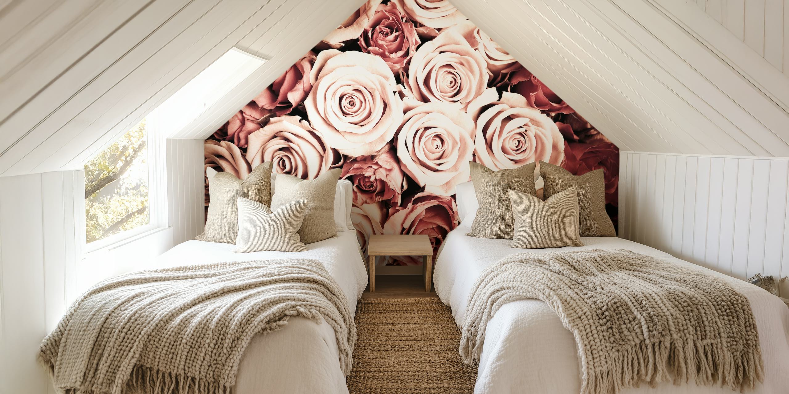 Zbliżenie kwiecistej fototapety przedstawiającej różowe i karmazynowe róże w różnych odcieniach, do wystroju domu lub biura.