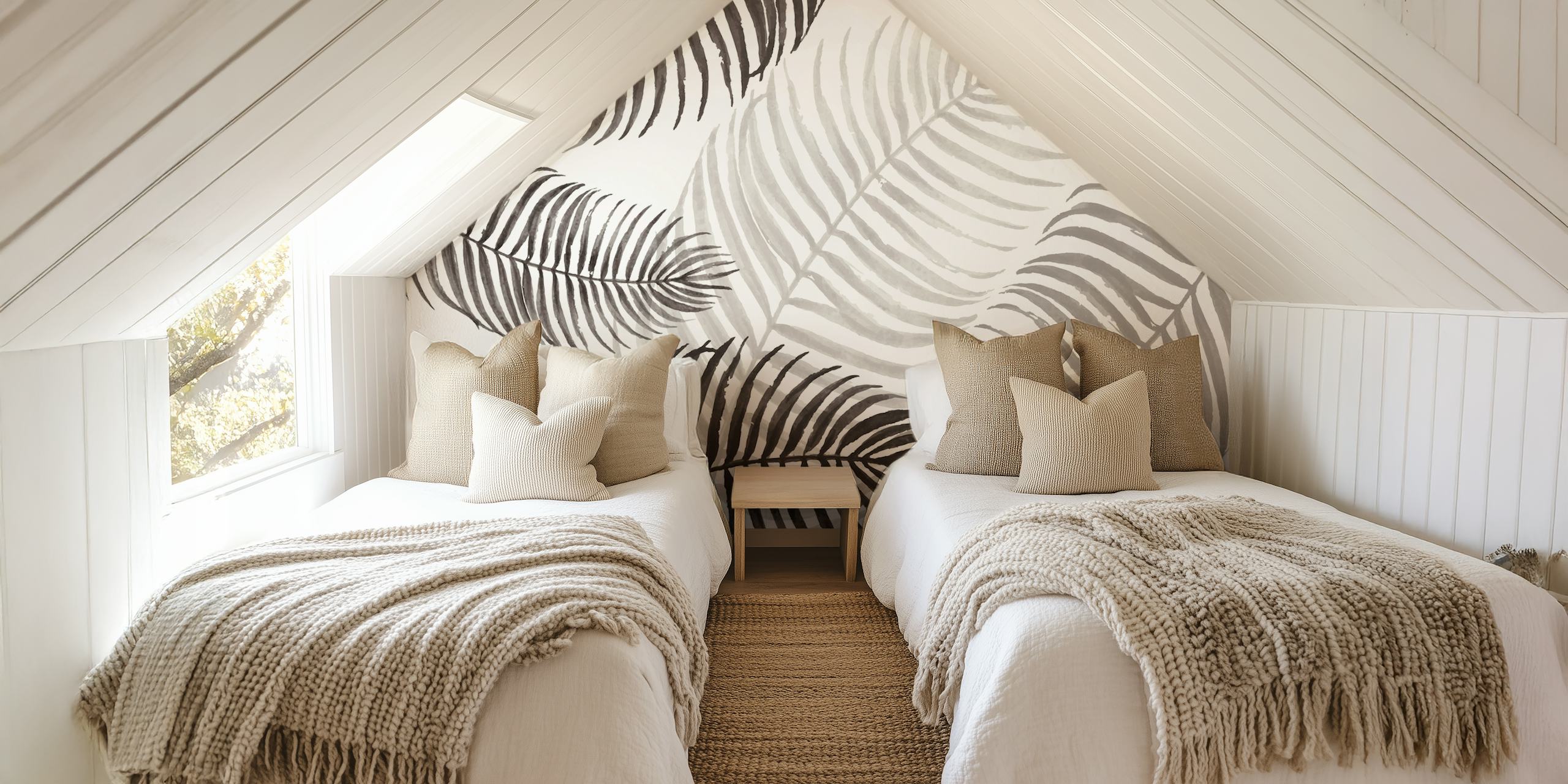 Black and gray leaf illustrations on cream background wallpaper