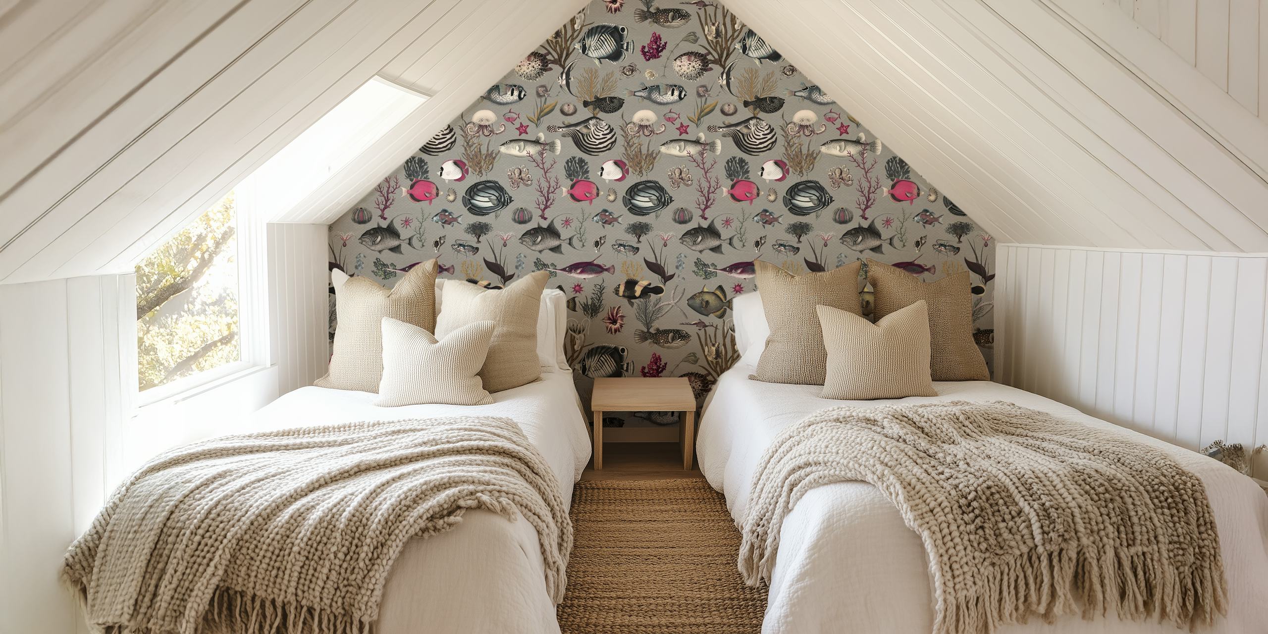 Abstract wall mural with grey, fuchsia, and olive patterns