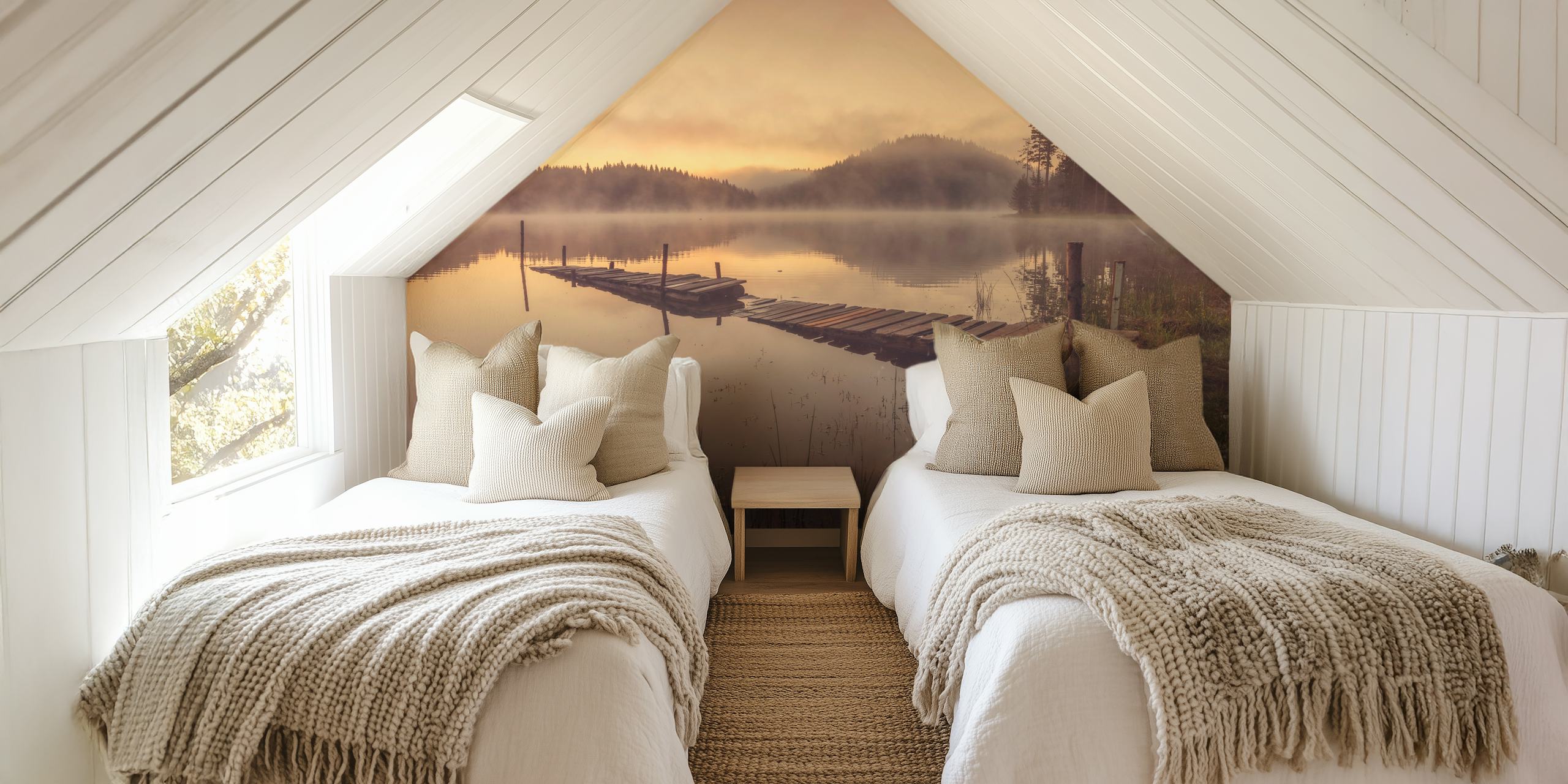 Γαλήνια λίμνη το πρωί με ομίχλη και ξύλινη αποβάθρα τοιχογραφία