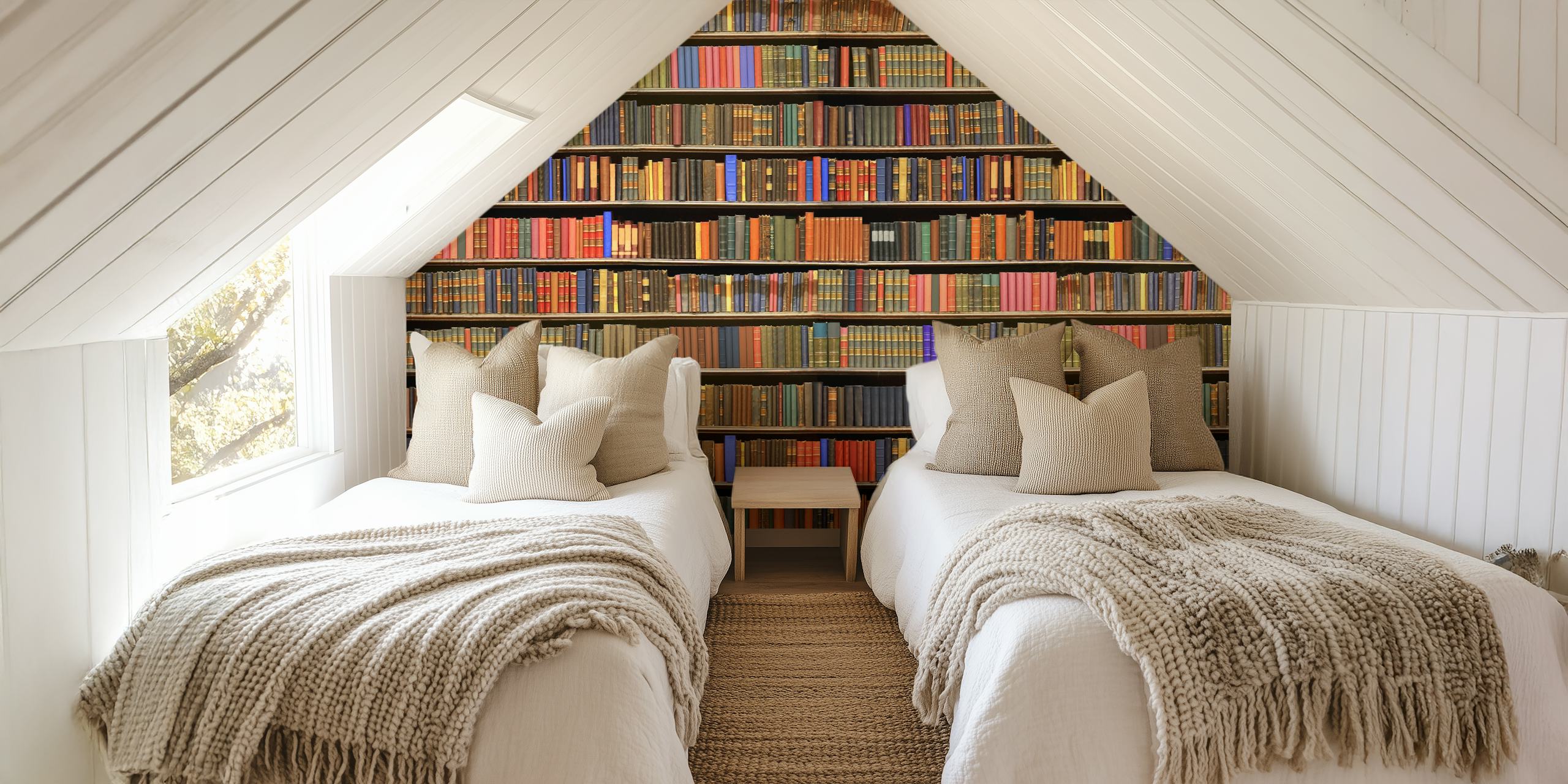 Bookshelf wallpaper featuring colorful spines and vintage books