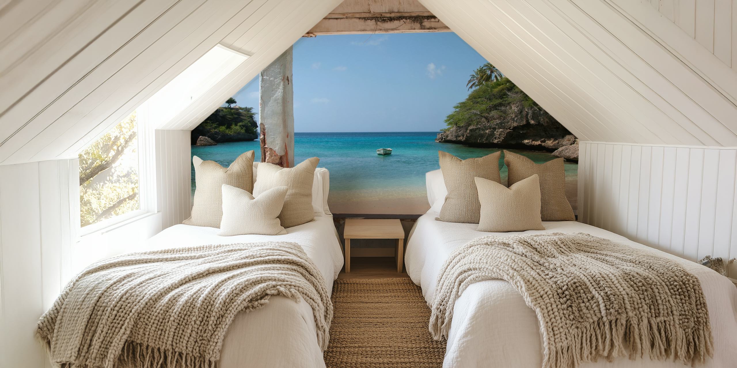 Tropical beach scene with blue water and sandy shore wallpaper