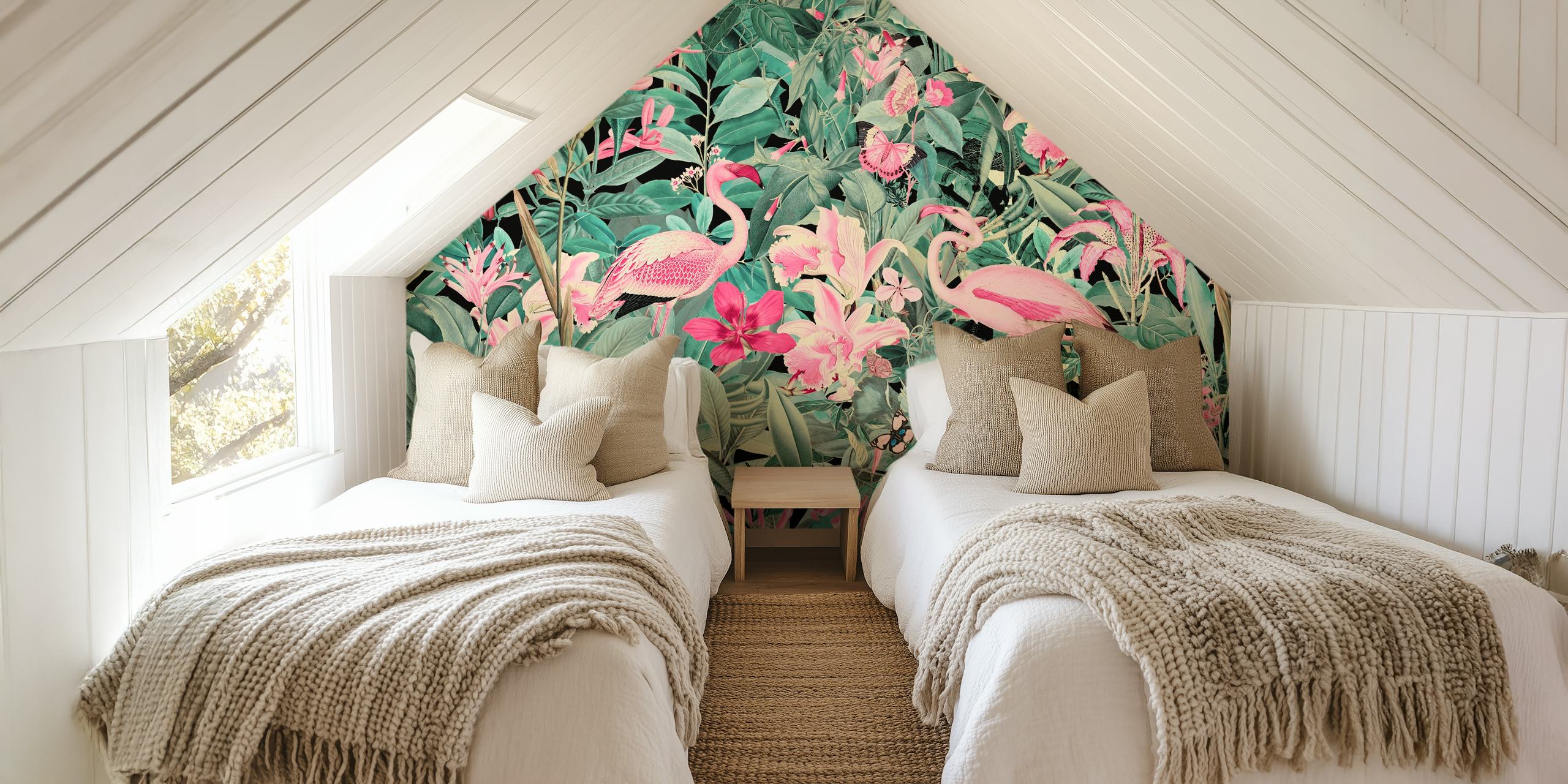 Pink flamingos among lush green leaves and flowers wallpaper