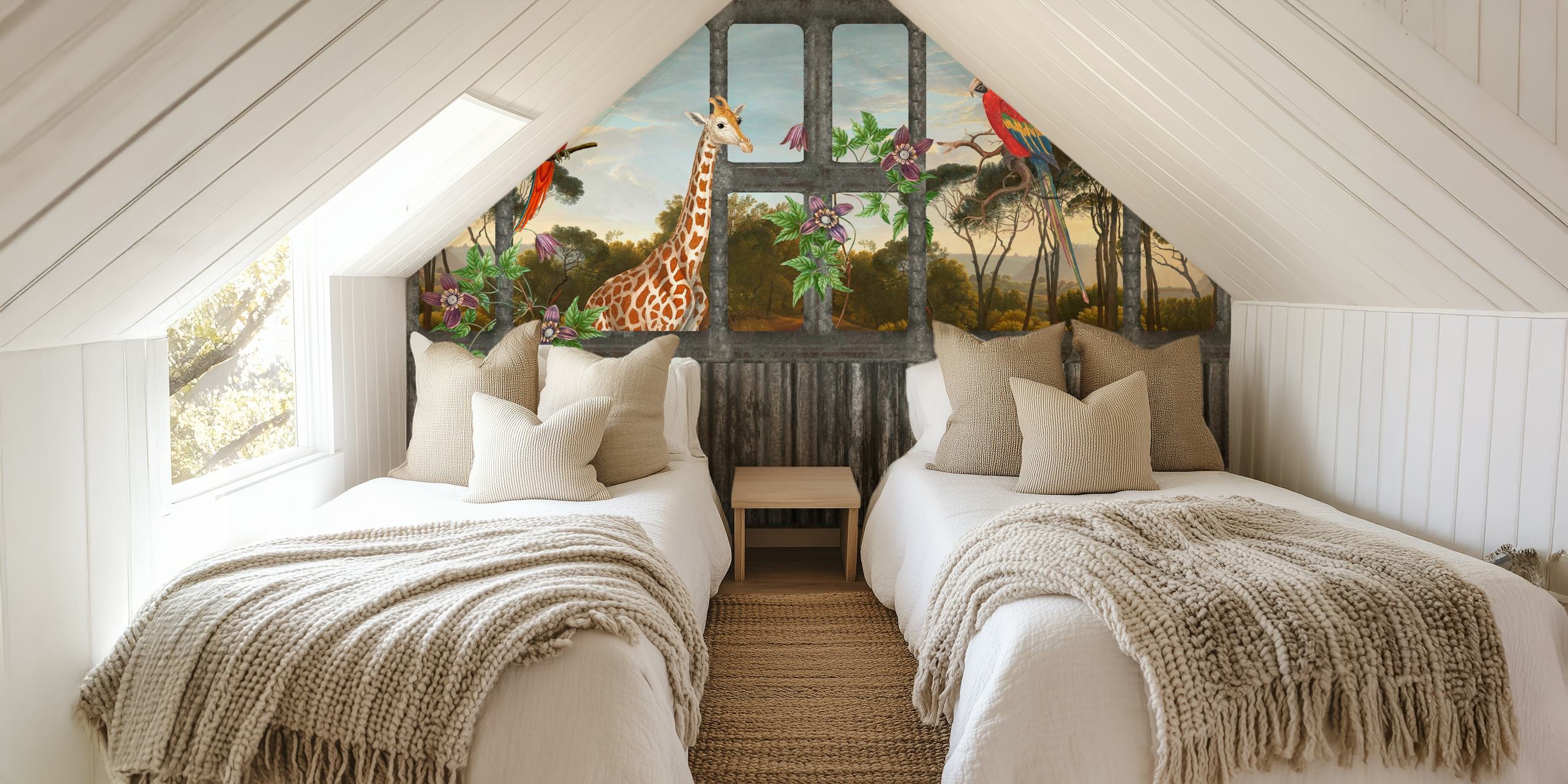 Giraffe, parrots, and flowers in natural scenery wallpaper