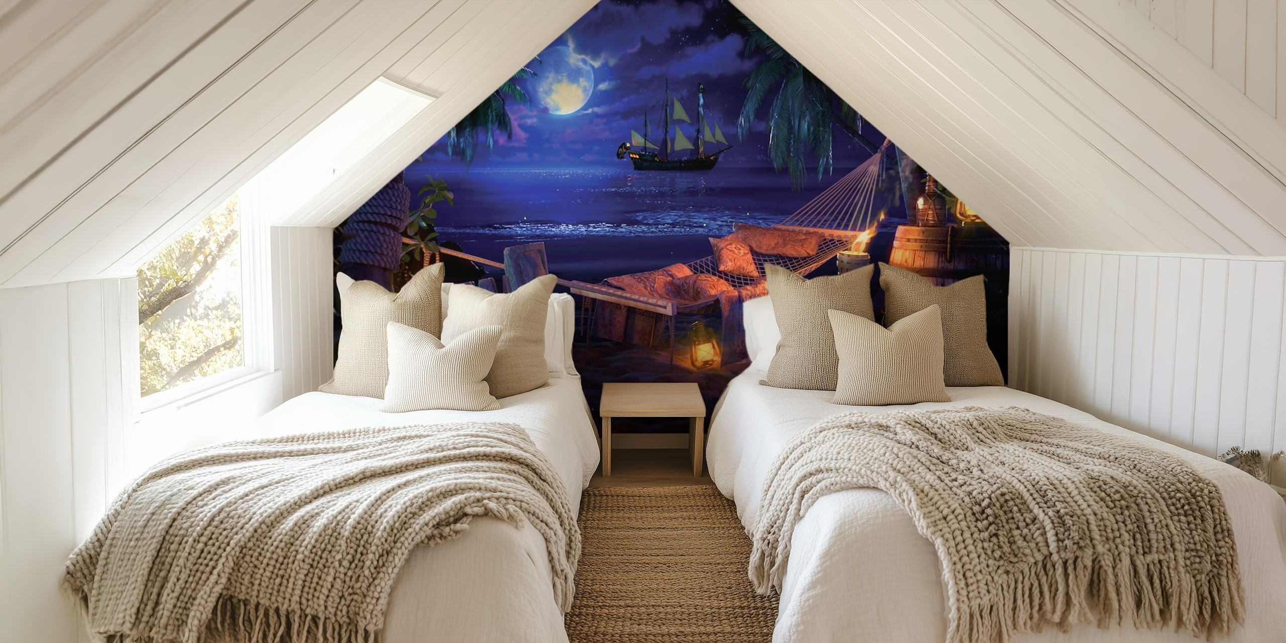 Tropical beach wallpaper with palm trees, ocean, and ship