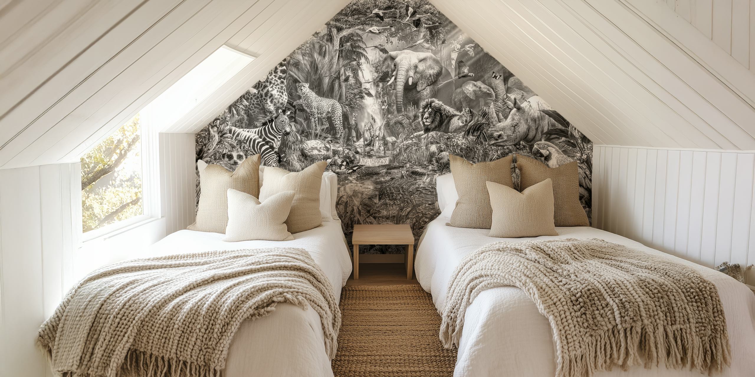 Jungle animal scene with elephants, lions, and zebras in black and white wallpaper