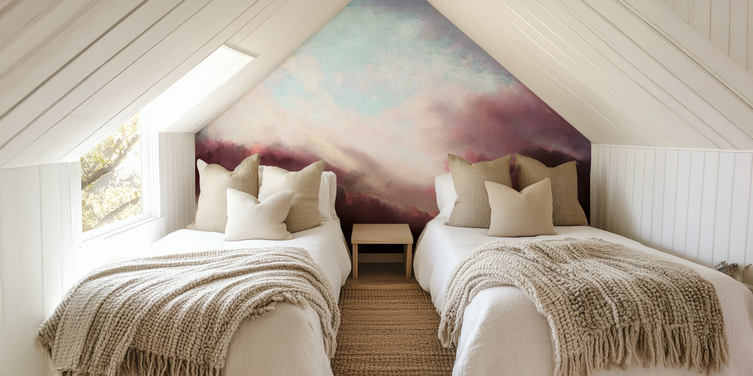 Dramatic cloudscape wallpaper in a room