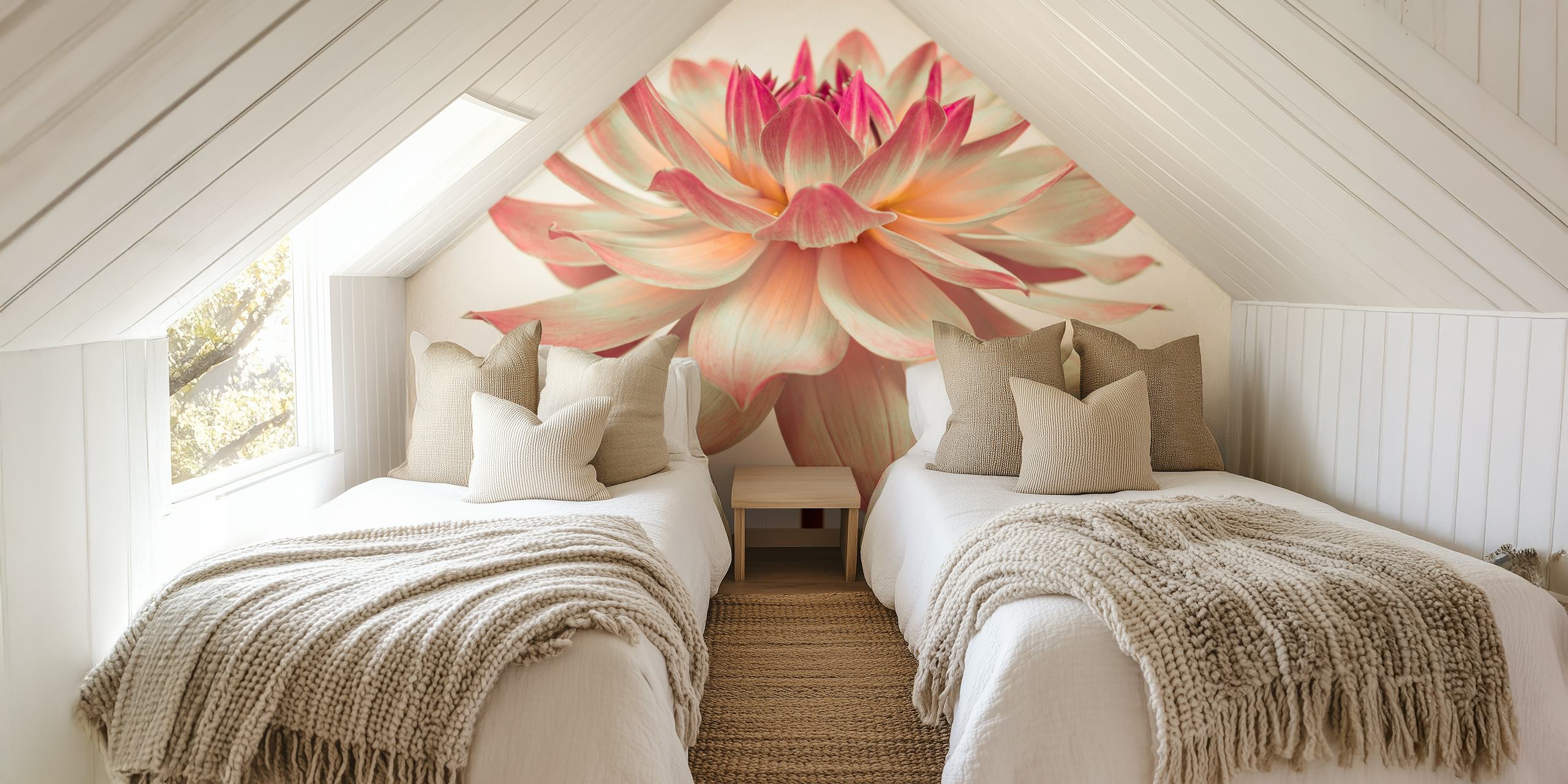 Pink dahlia flower wallpaper with soft petals on white background