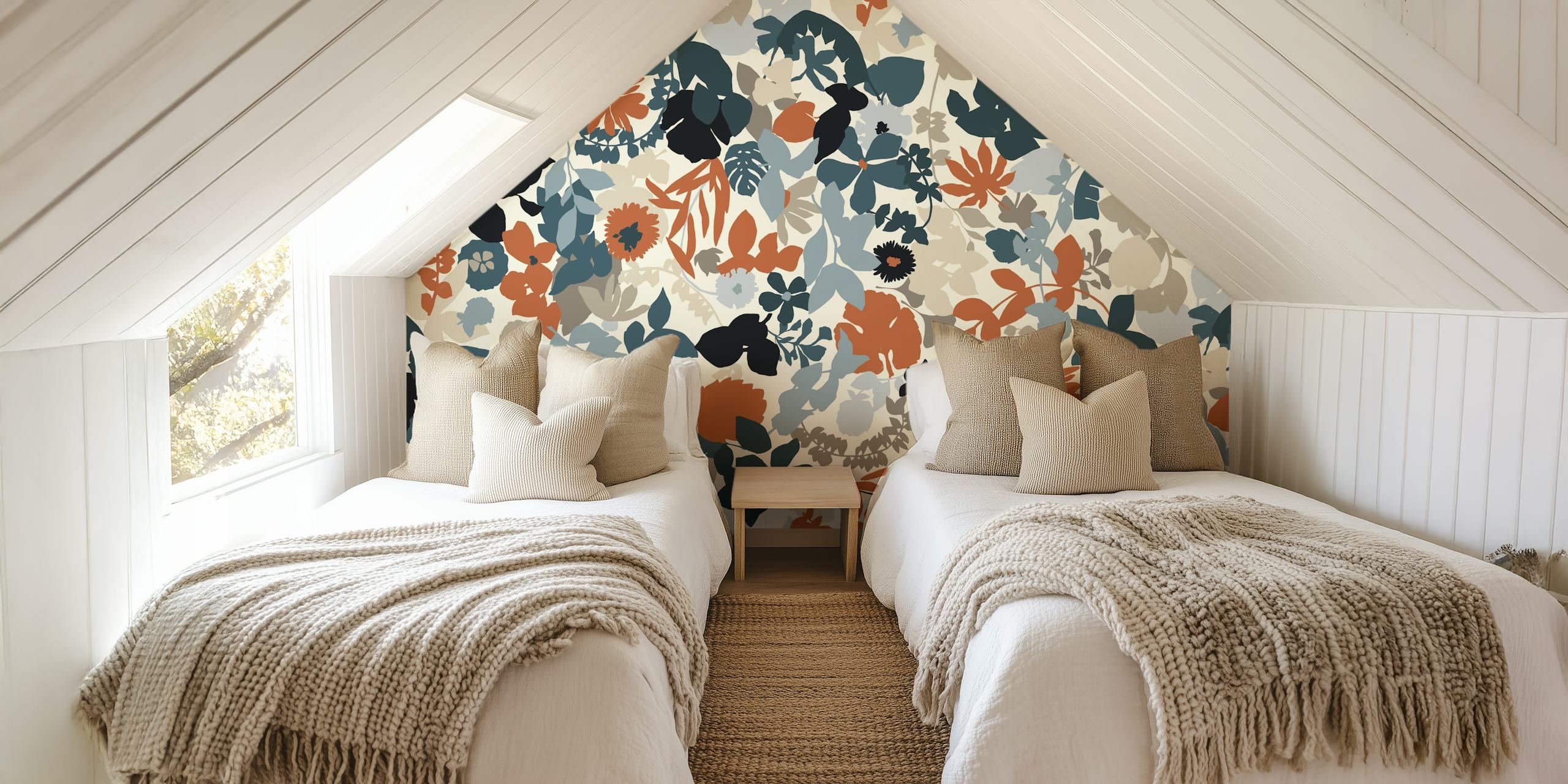 Colorful floral wallpaper in rust, blue, and grey tones; botanical design