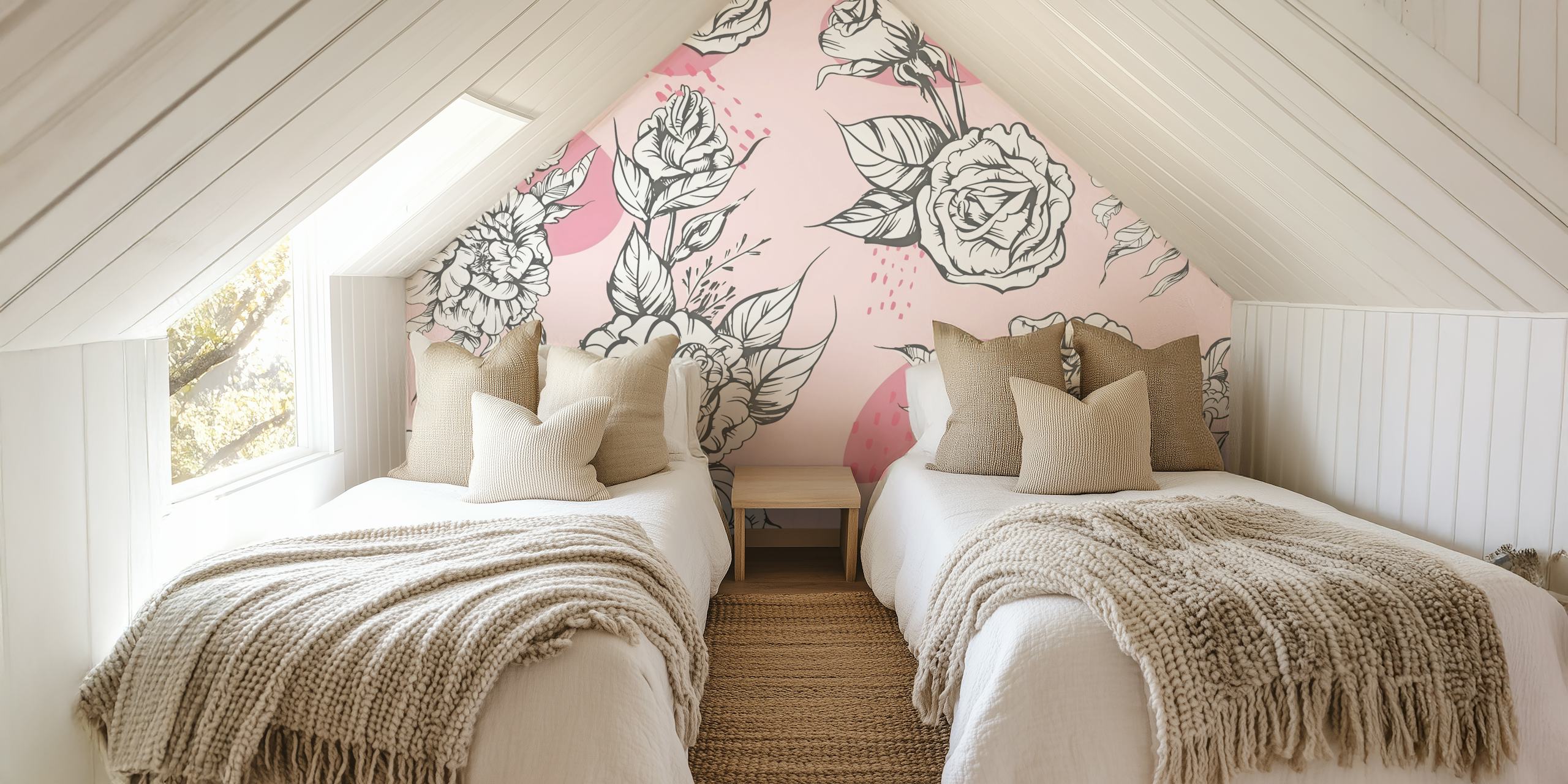 Elegant white peonies with detailed sketches over a pastel pink background wall mural.