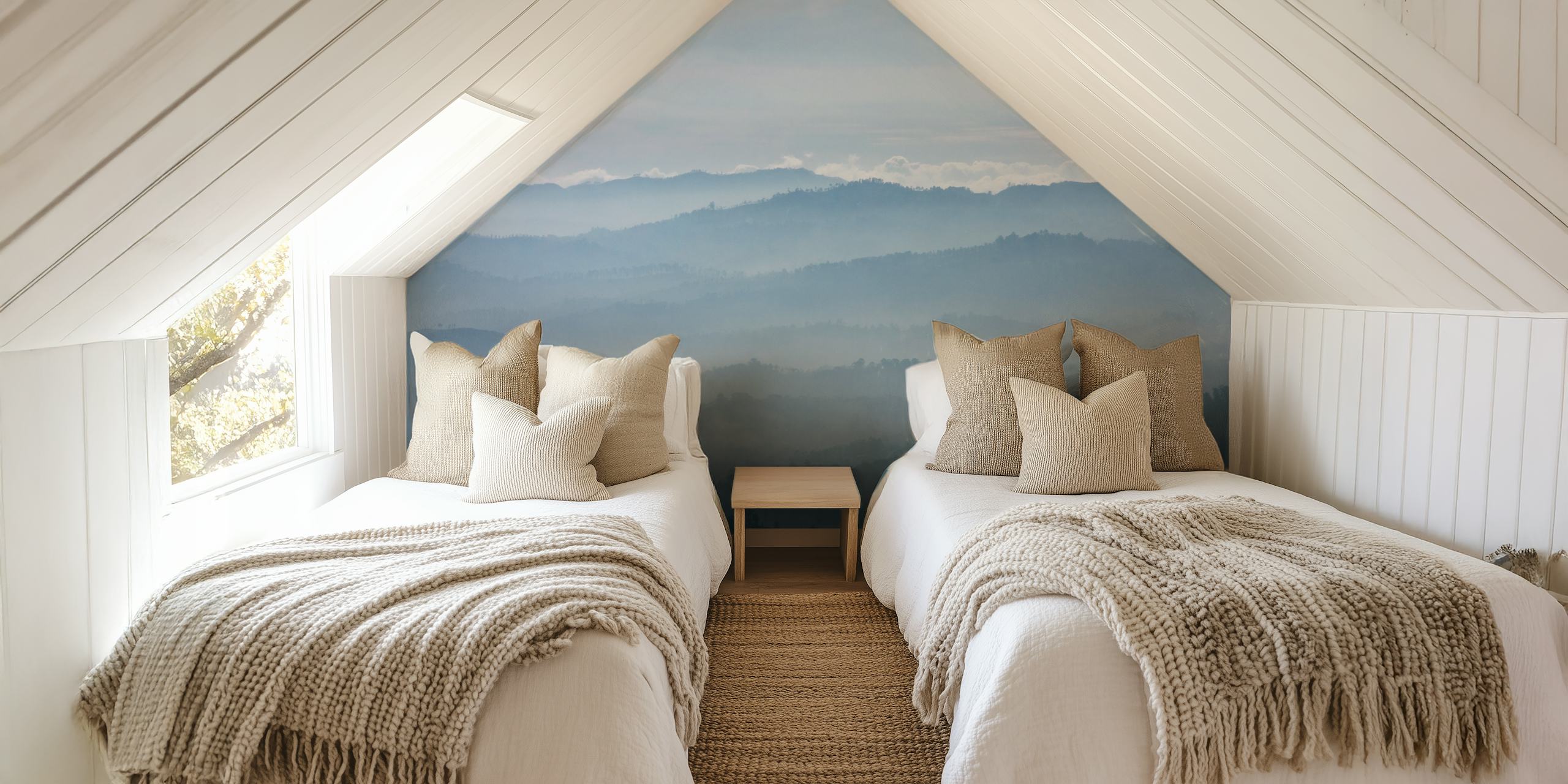 Foggy mountain landscape in blue tones wallpaper