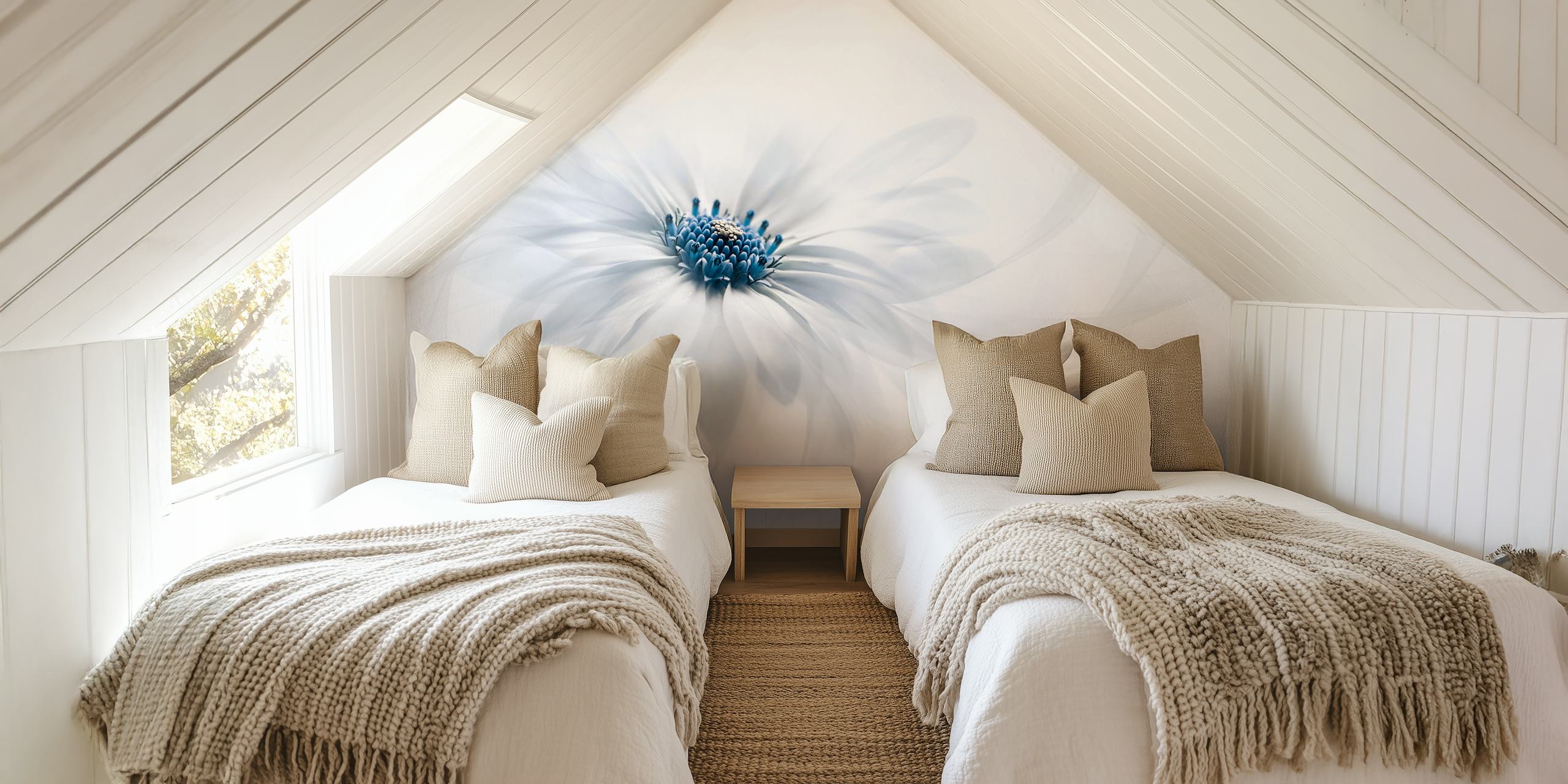 White flower with blue center and soft flowing petals wallpaper