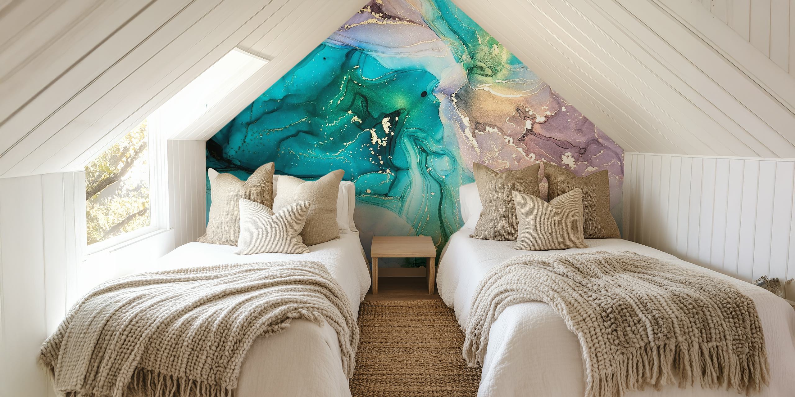 Abstract alcohol ink wallpaper in teal, purple, and gold tones