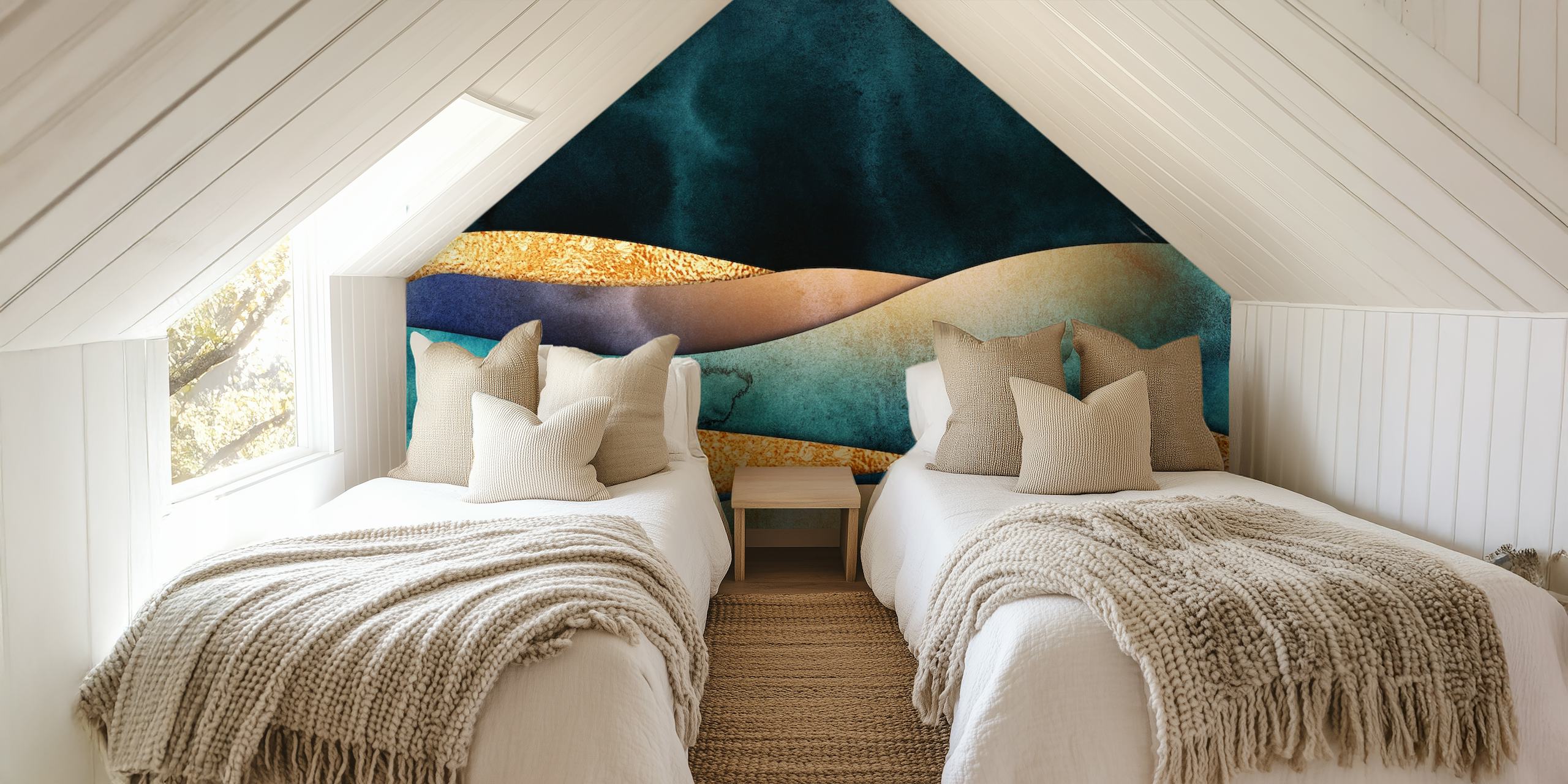 Abstrakt veggmaleri i blått og gull med mystisk landskapsdesign fra happywall.com