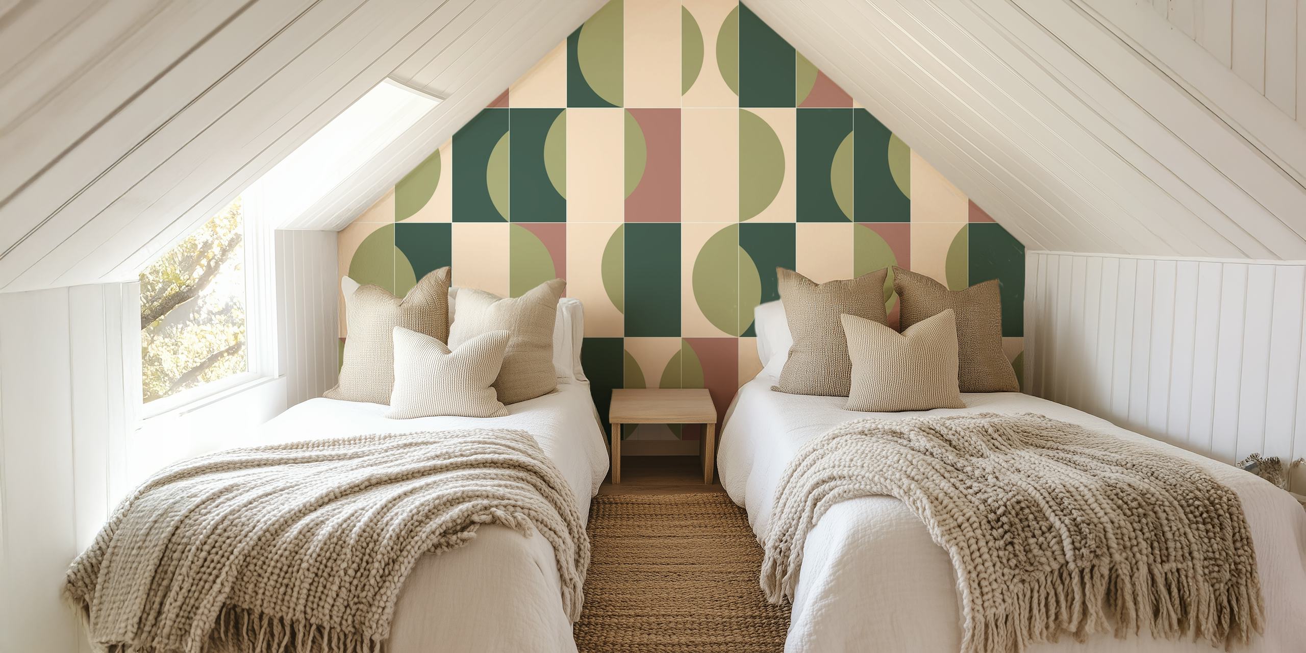 Geometric patterns in green, pink, and cream wallpaper