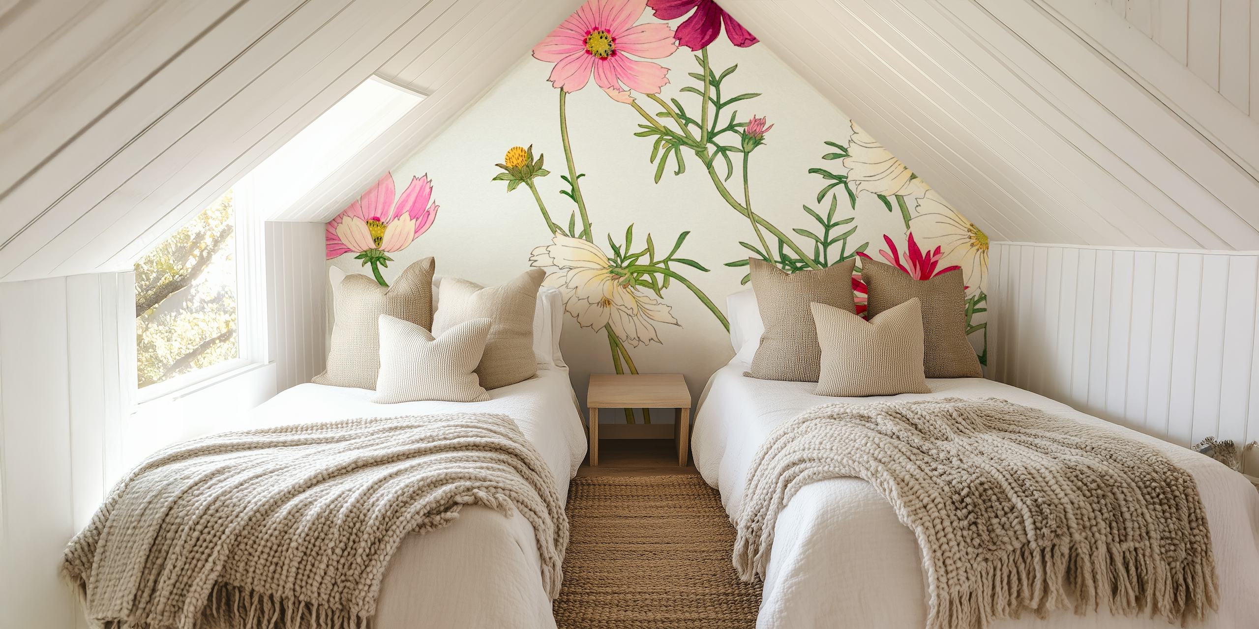 Minimalist Japanese floral wall mural with pastel blooms