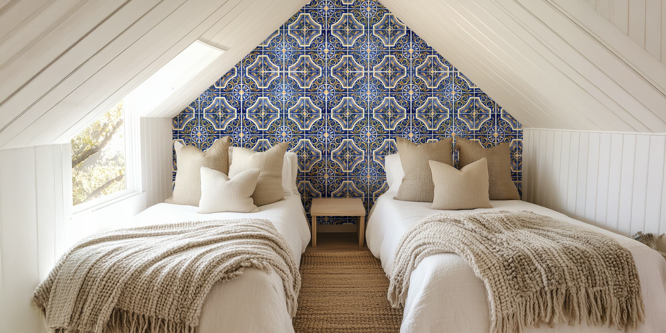 Vintage tile pattern featuring blue and yellow colors wallpaper