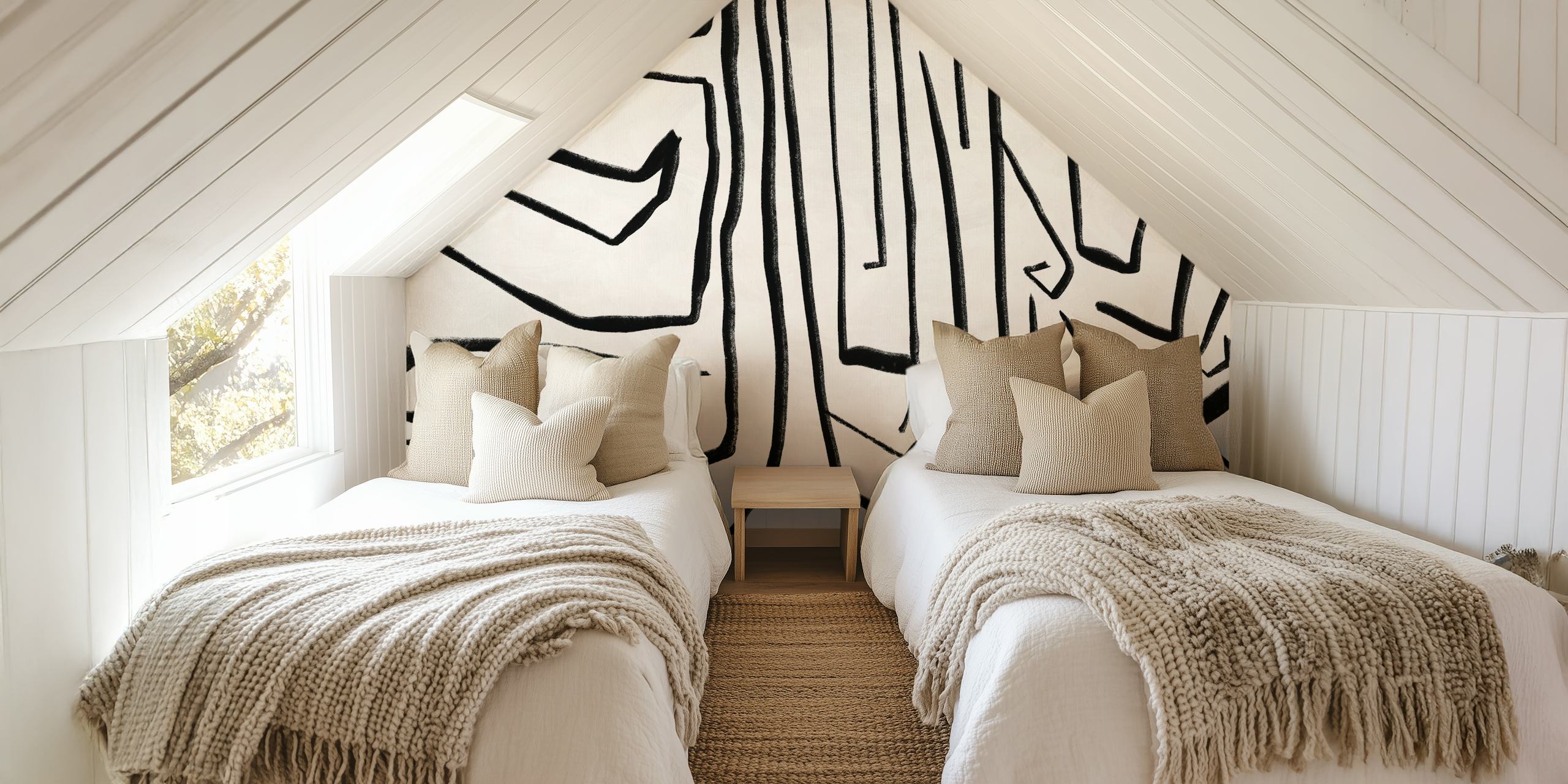 Abstrakt veggmaleri med svarte og hvite linjer, Modern Improvisation 02