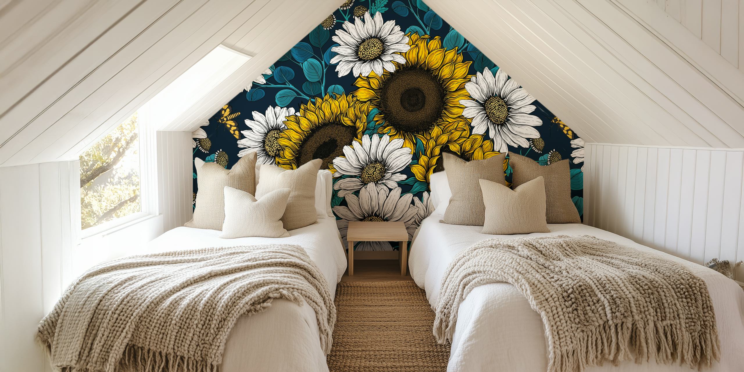 Vibrante murale con girasoli e margherite su uno sfondo blu intenso