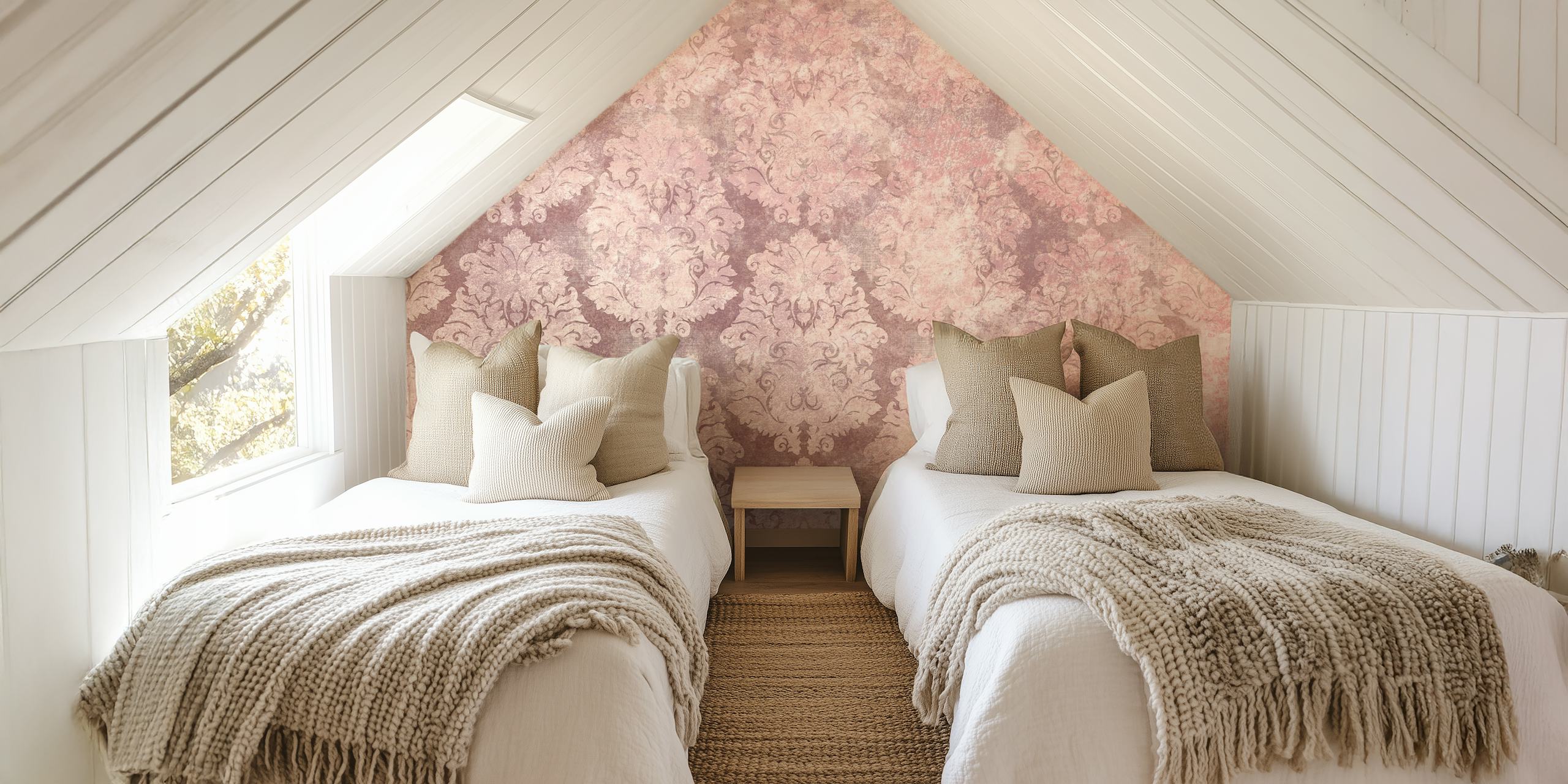 Pink antique damask pattern wallpaper with intricate floral motifs.