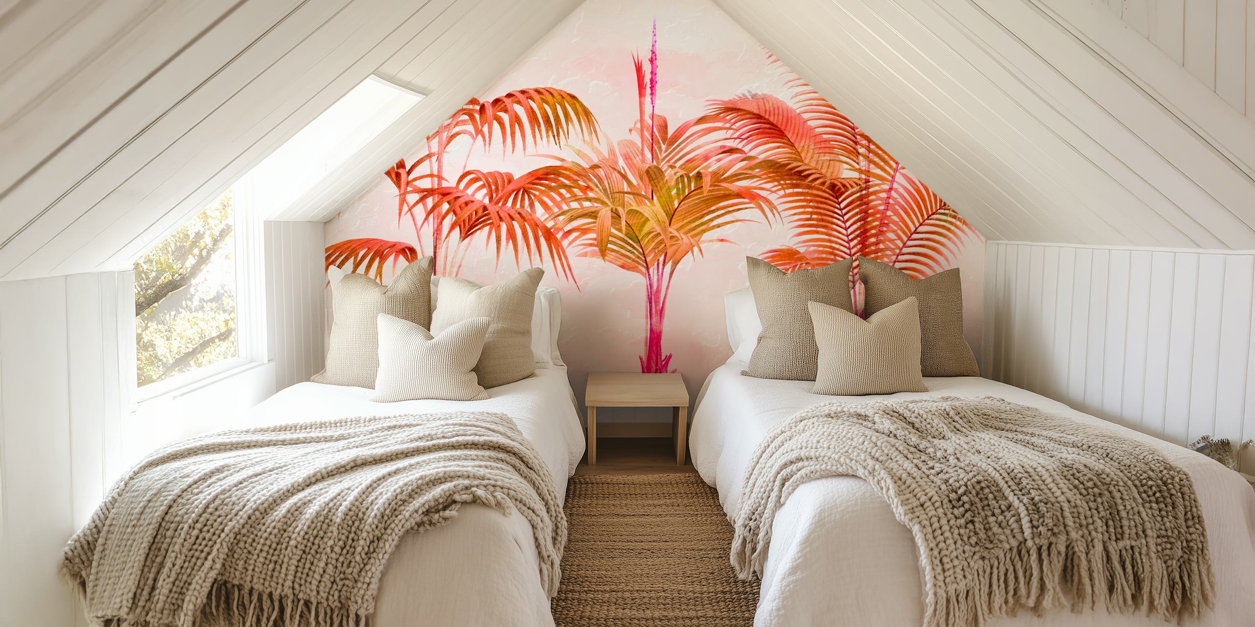 Rustgevende palmboom muurschildering in warme tinten.