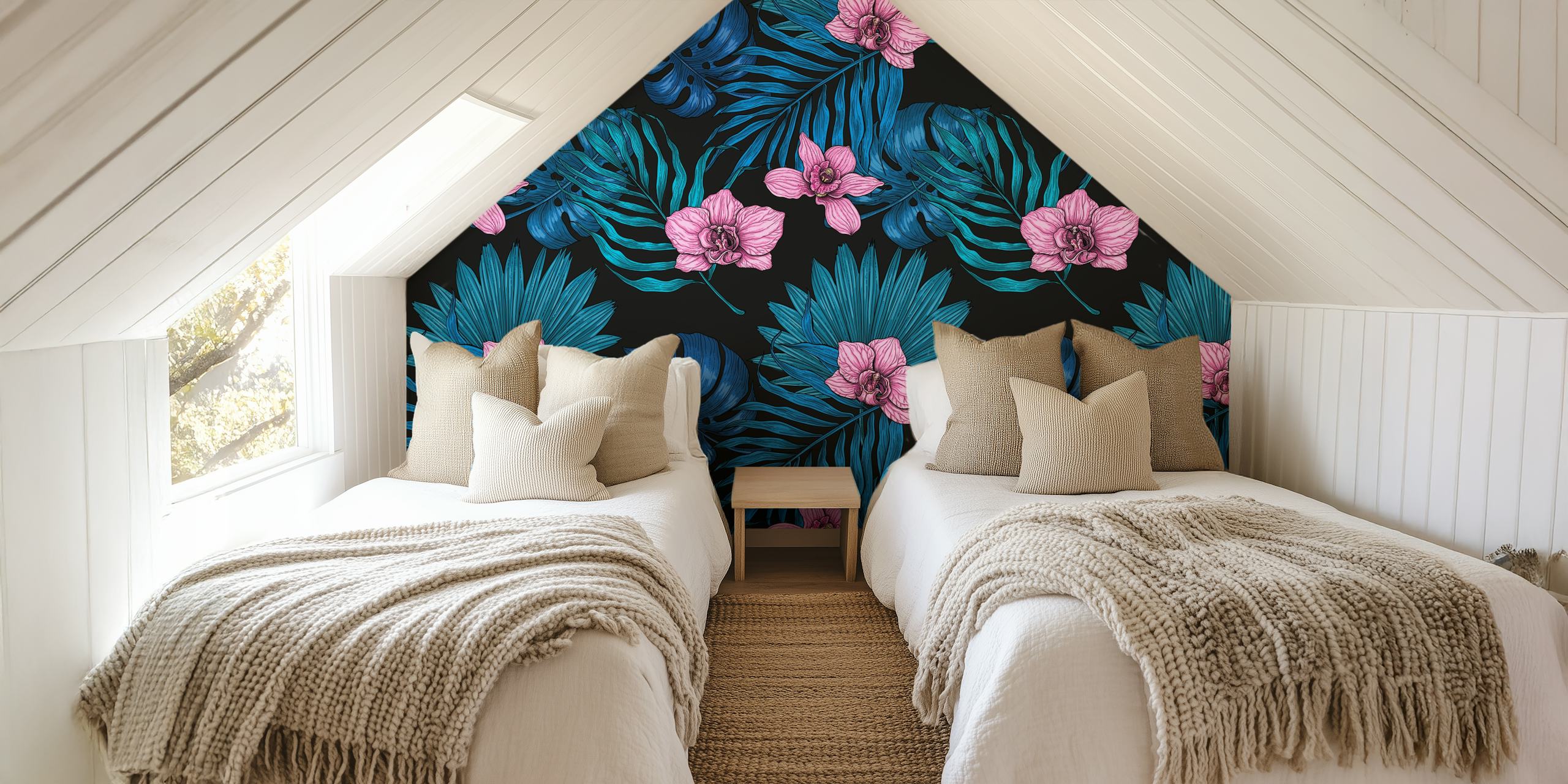 Orchids and palm leaves in pink and blue tones wallpaper