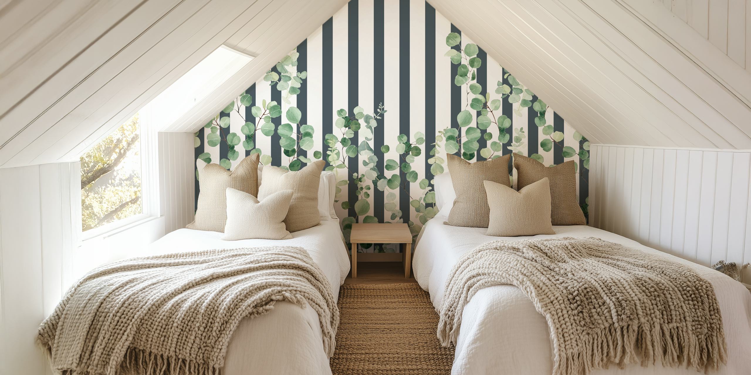Grünes Laub auf Botanical Stripes Navy im Raum