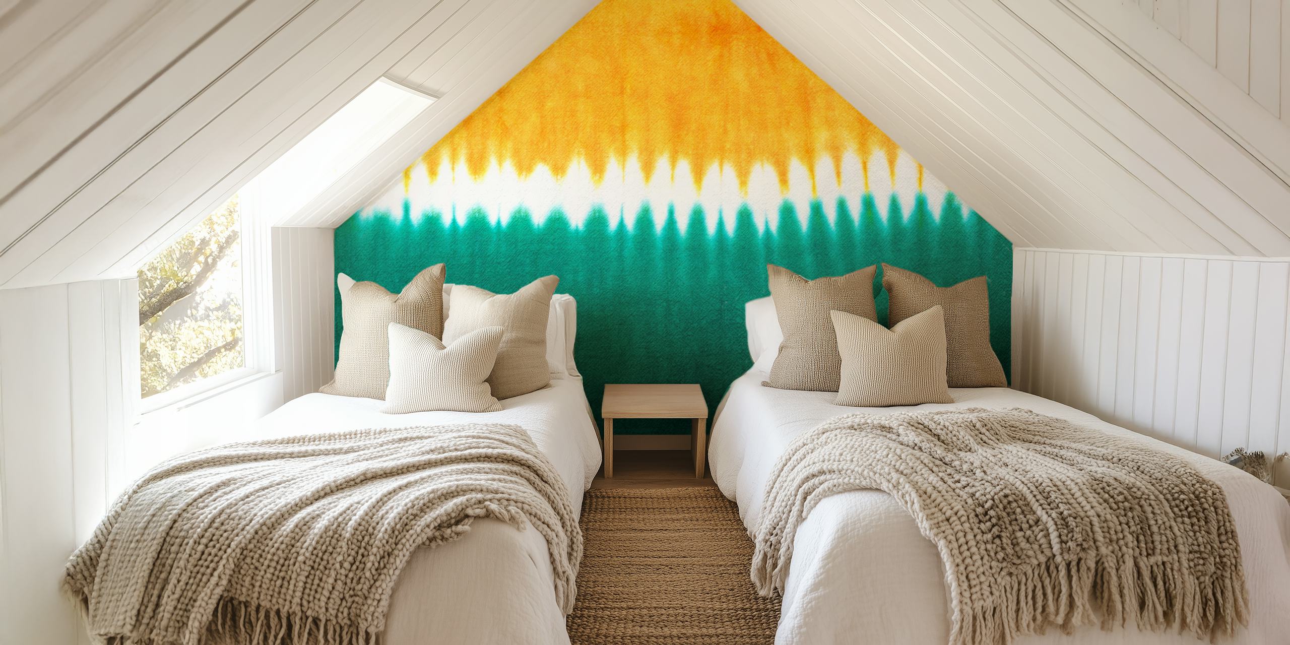 Yellow and green tie dye wallpaper in a room