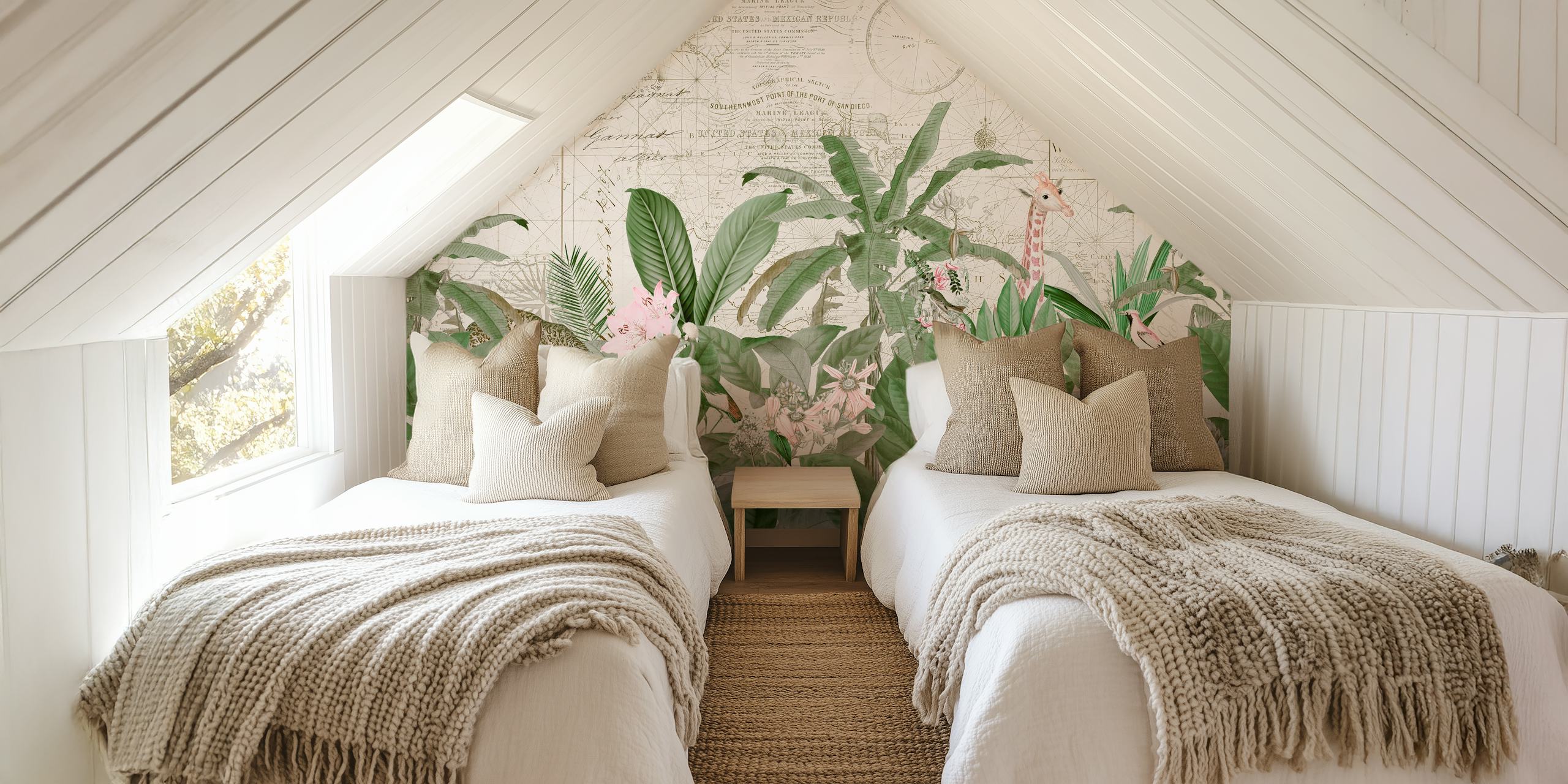 Lush tropical foliage with animals and vintage map wallpaper