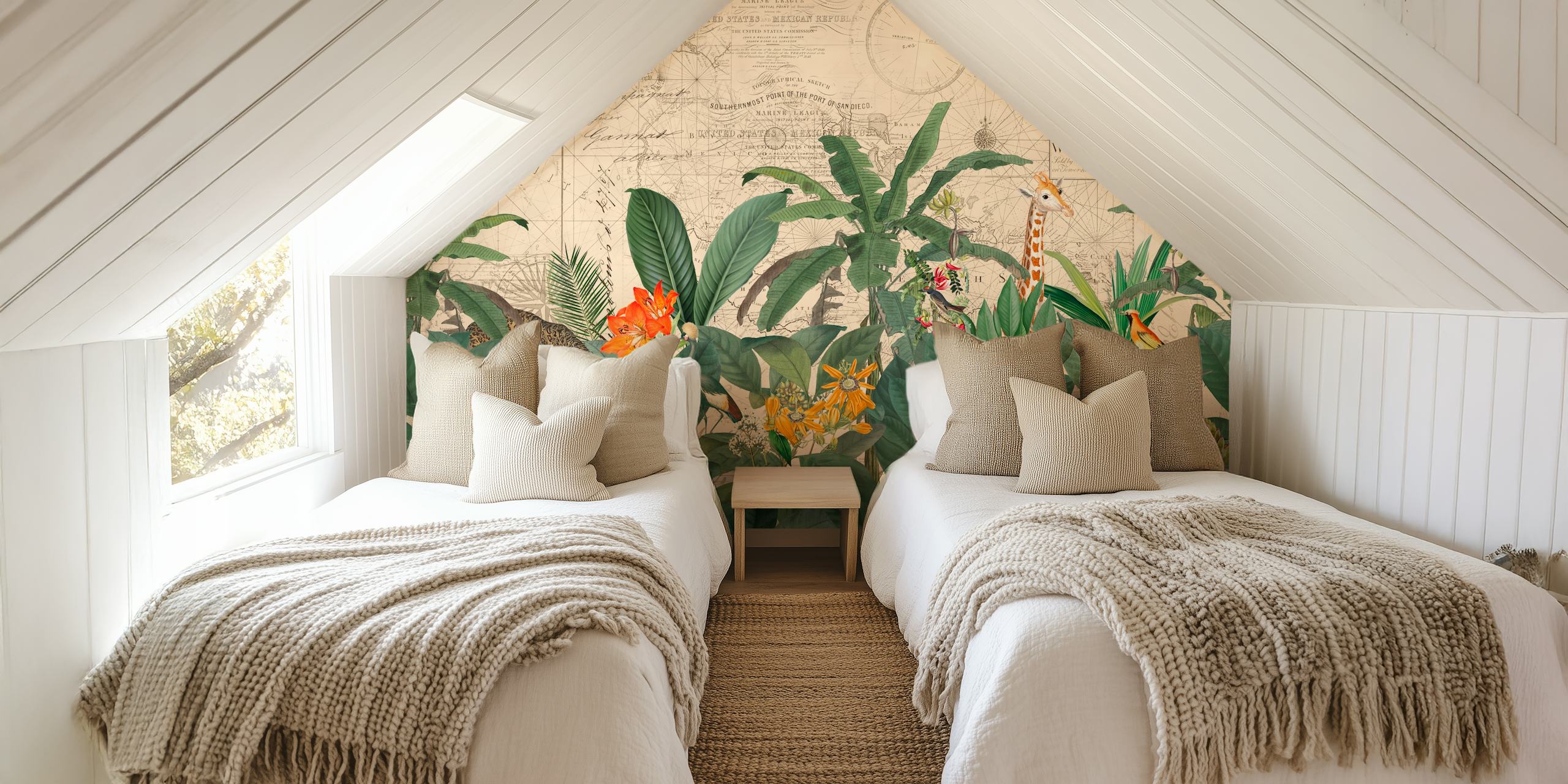 Vintage world wallpaper med tropiske planter og dyreliv
