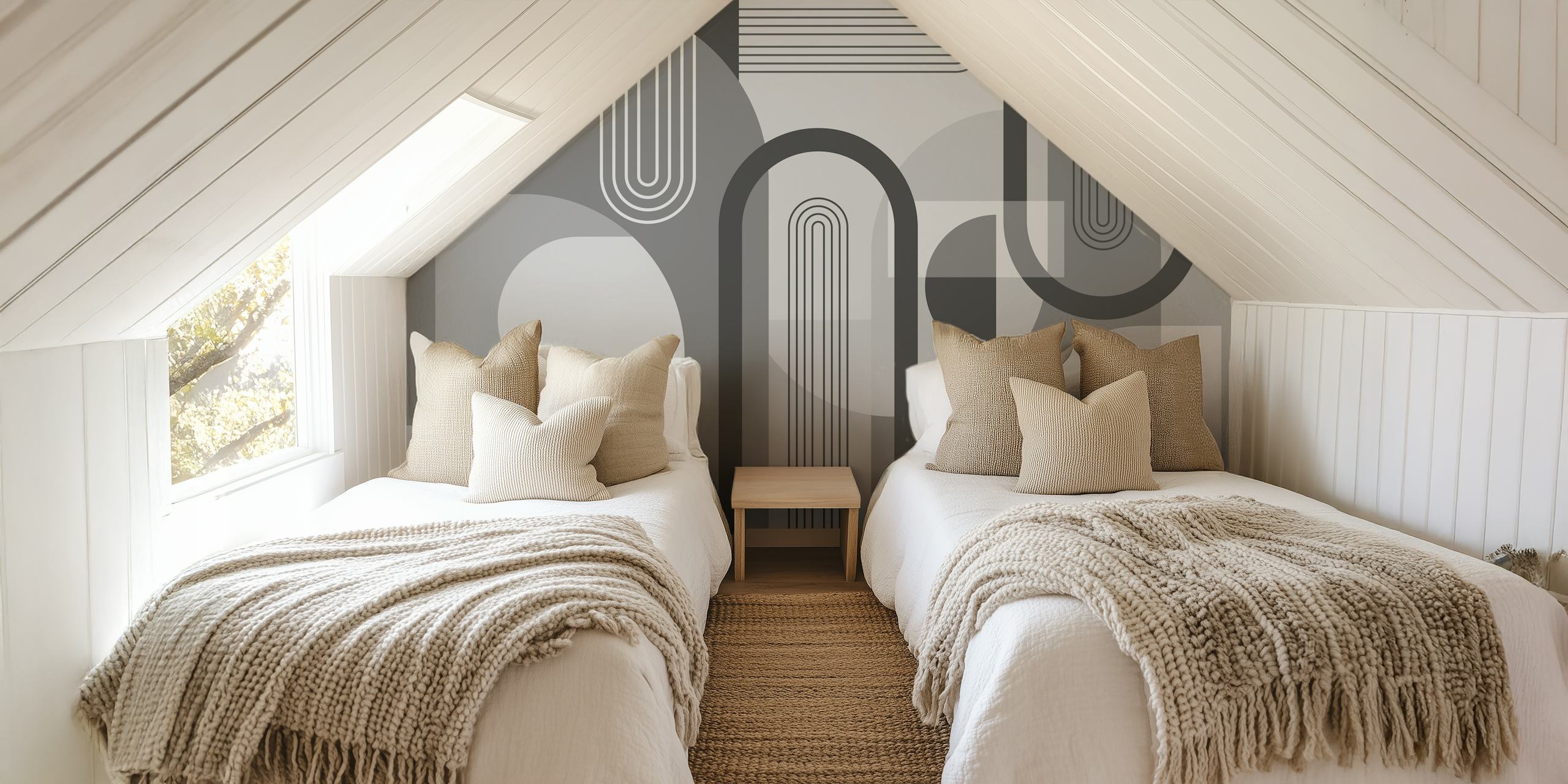 Mural de parede com arcos abstratos em tons de cinza para decoração contemporânea