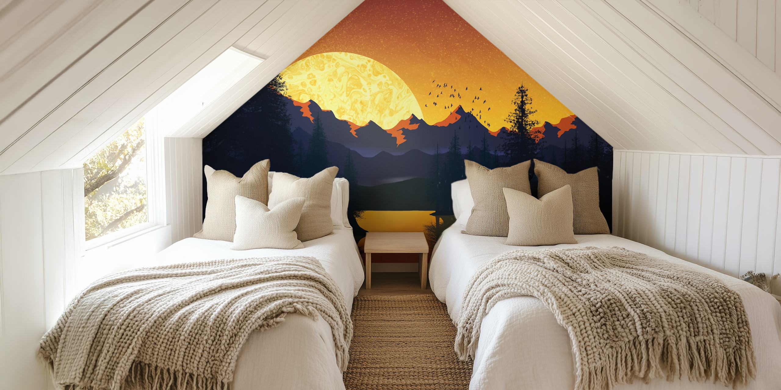 Silhouette of pine trees and mountains against a vibrant sunset wallpaper