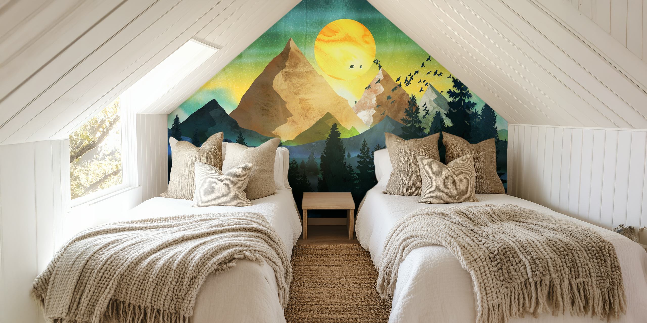 Mountain landscape with birds flying, sunset hues wallpaper