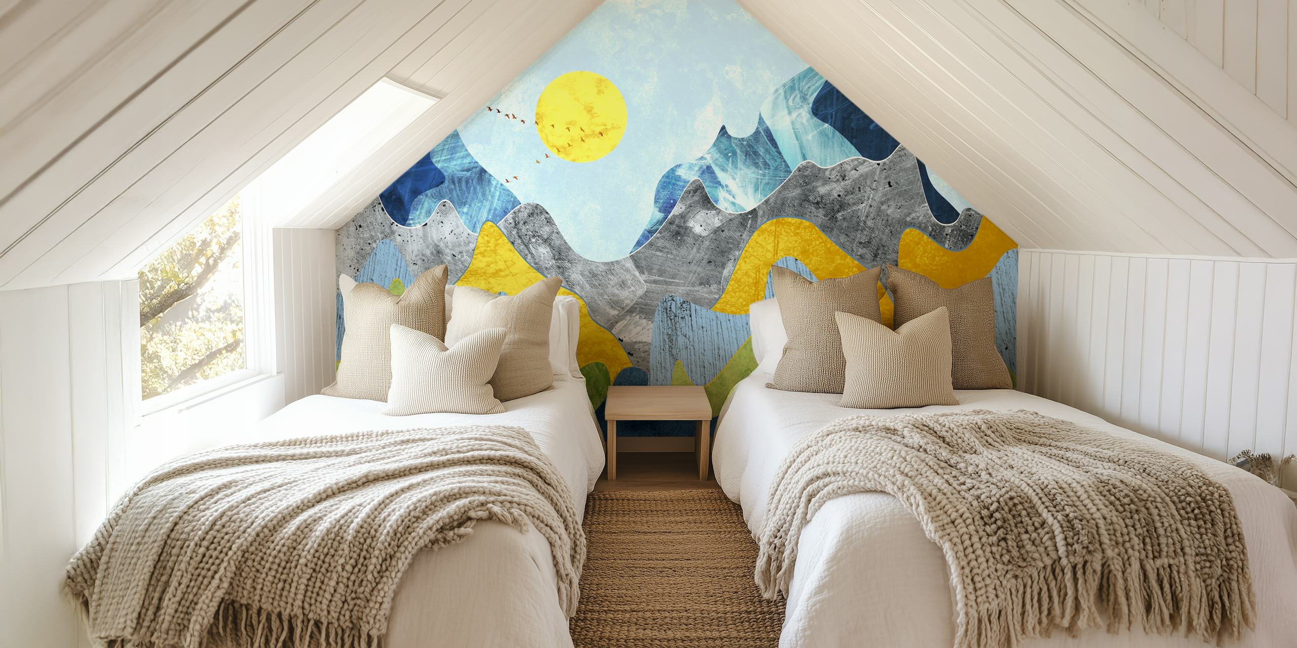 Colorful mountain landscape art with blue, yellow, and green hues wallpaper