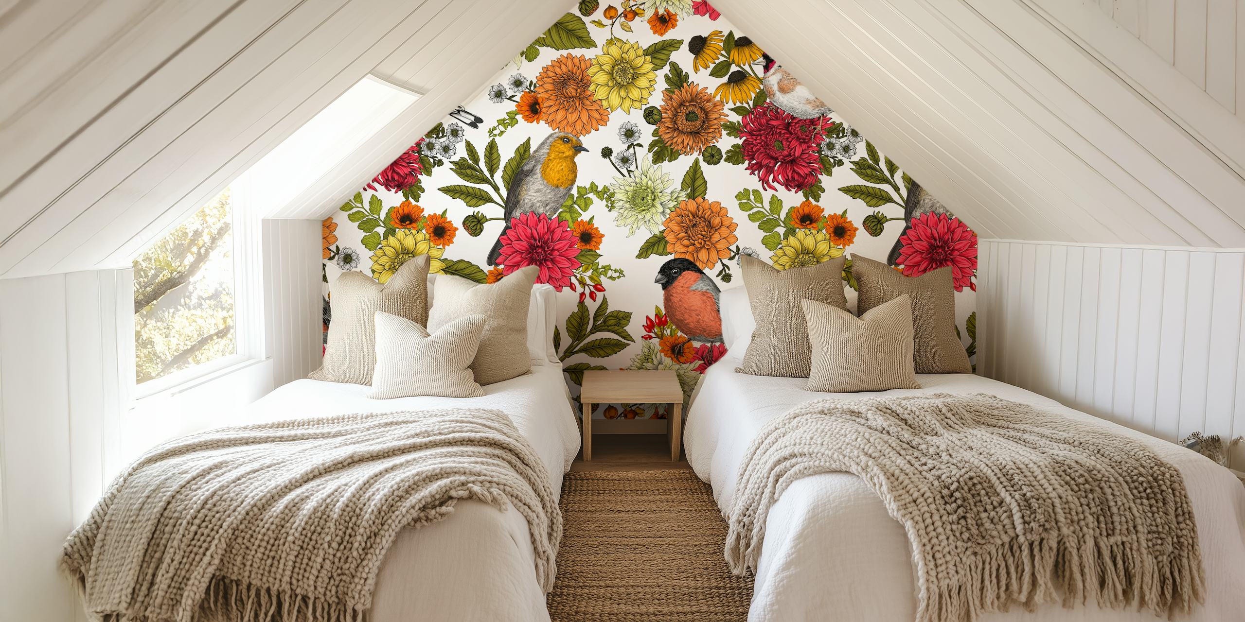 Garden birds and flowers wallpaper in a room