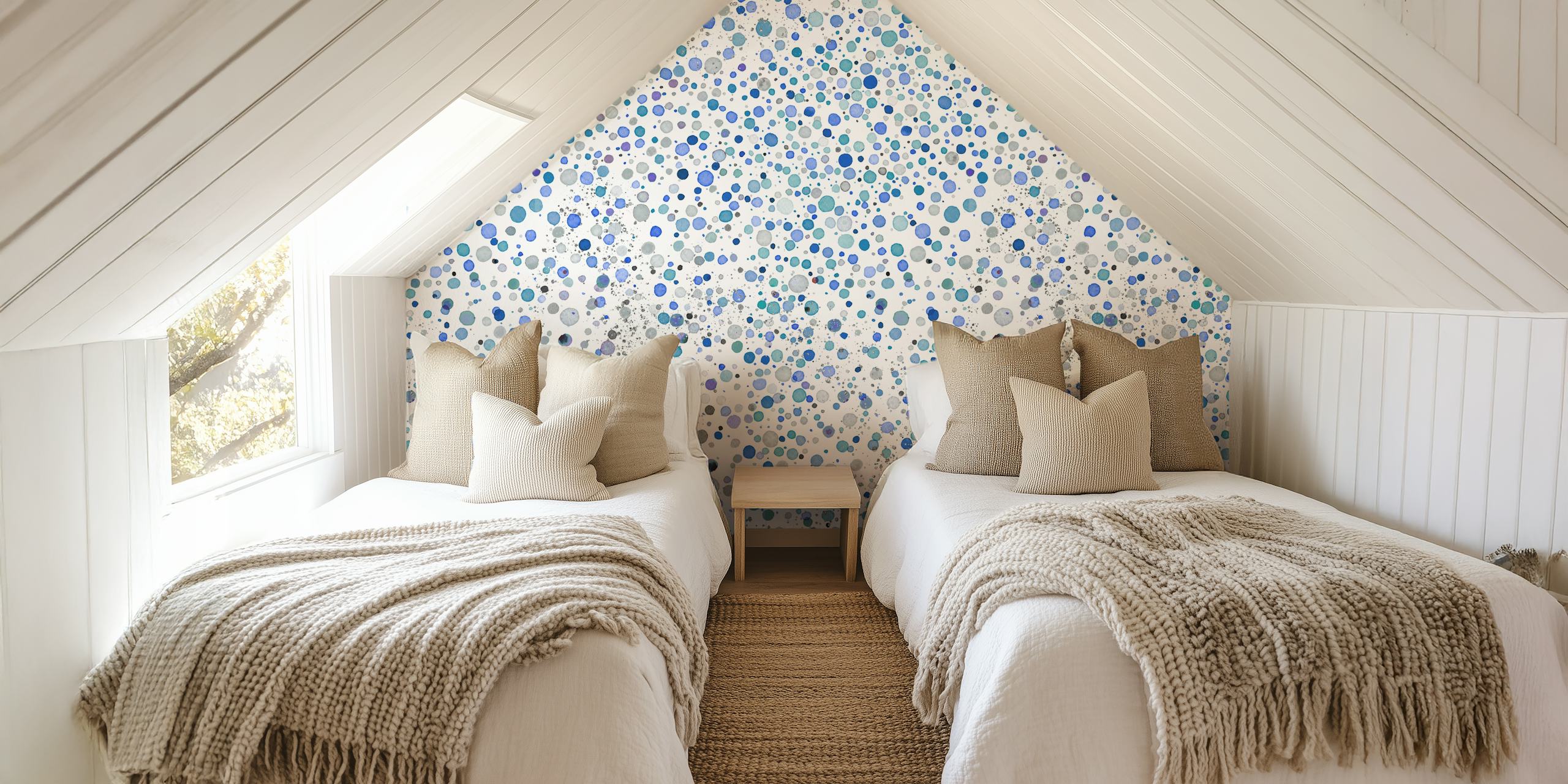Various blue and teal confetti dots on white background wallpaper
