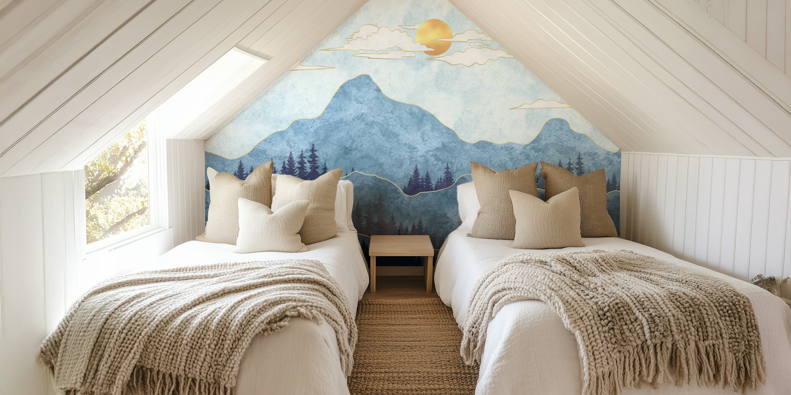 Mountain silhouettes and sun with blue tones wallpaper