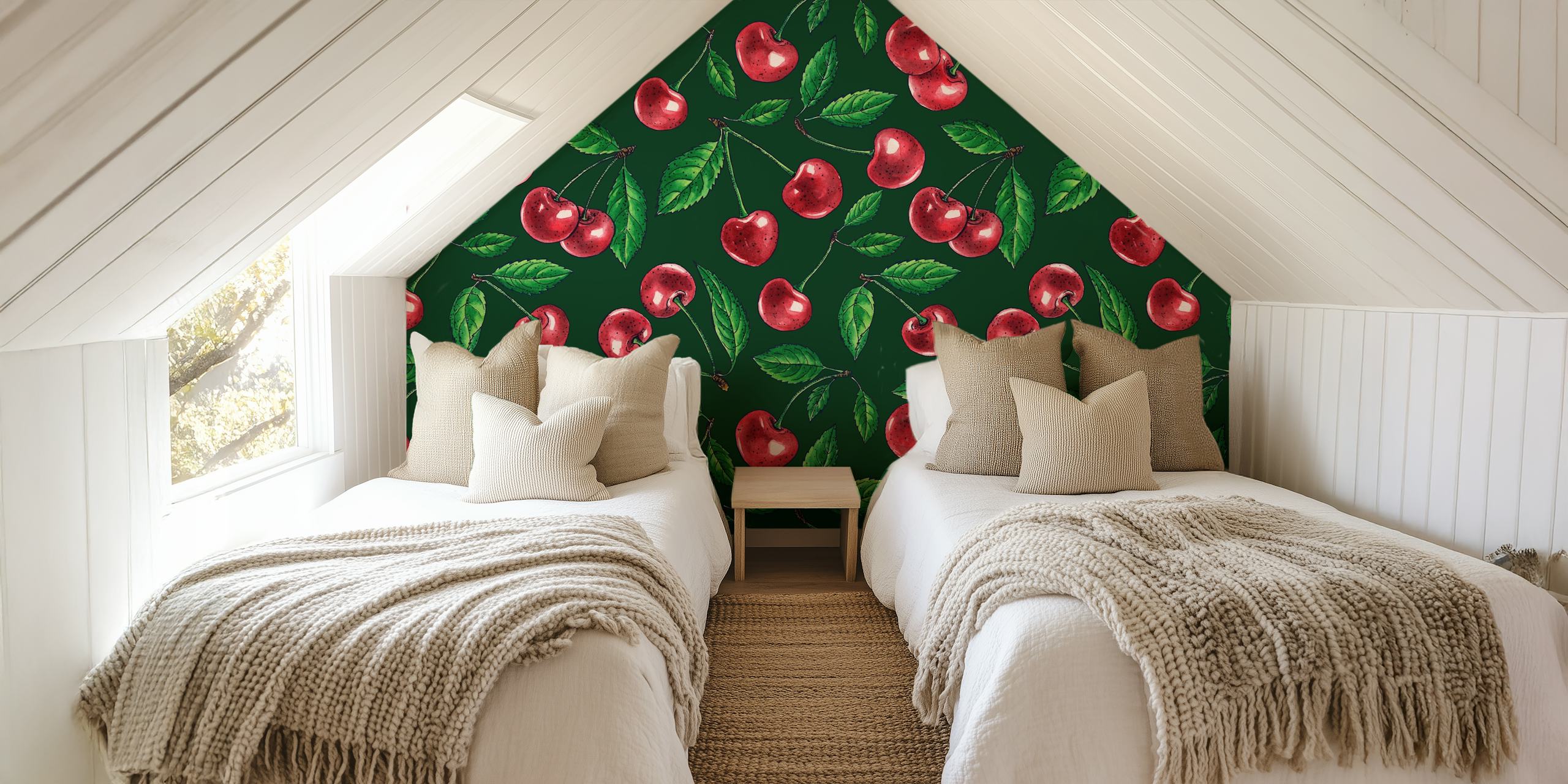 Red cherries wallpaper design vihreällä taustalla