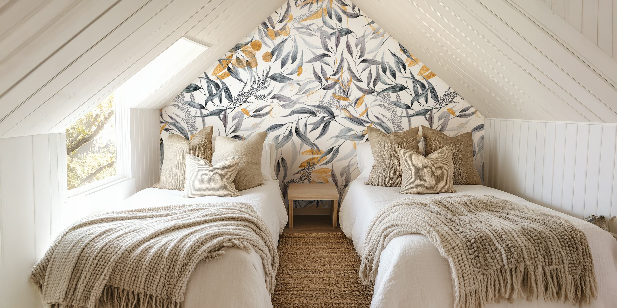 Grey and gold leaves pattern wallpaper in a modern style
