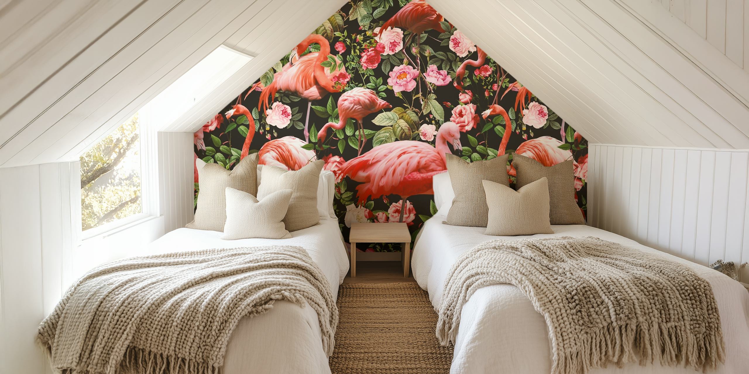 Bloemen en flamingo Floral and Flamingo wallpaper pattern