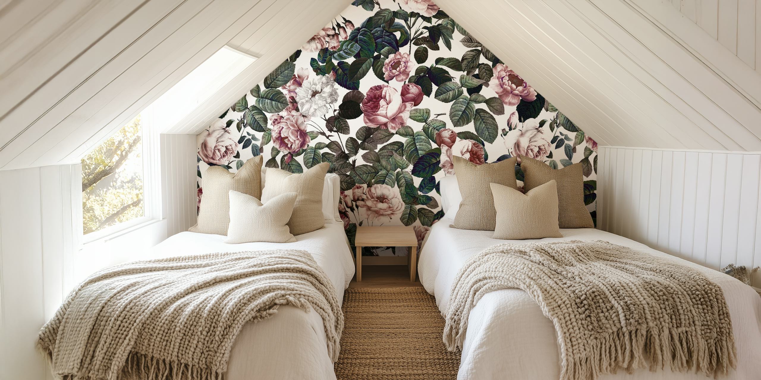 Vintage floral garden design in pink, white, and green wallpaper