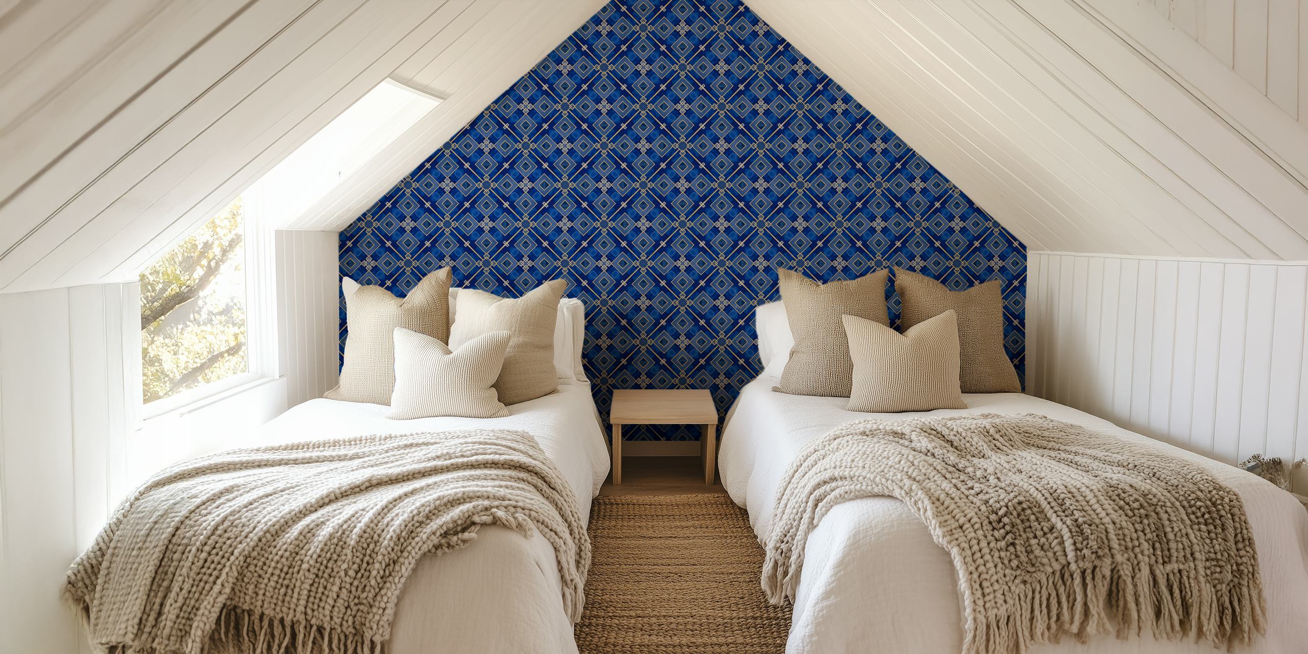 Blue and gold geometric pattern wallpaper in Art Deco style