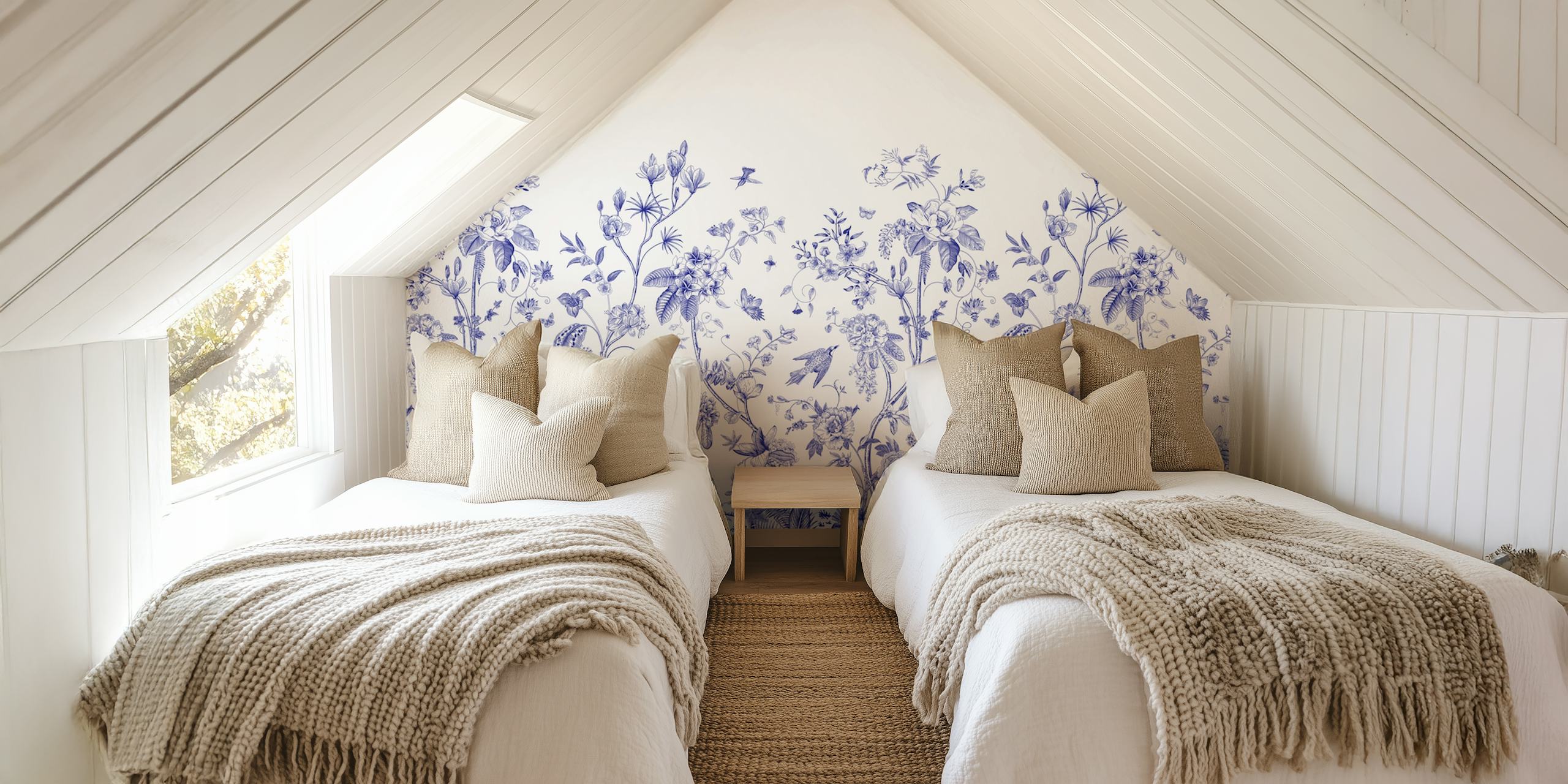 Elementi di design orientale e botanico nella carta da parati removibile Blue Chinoiserie