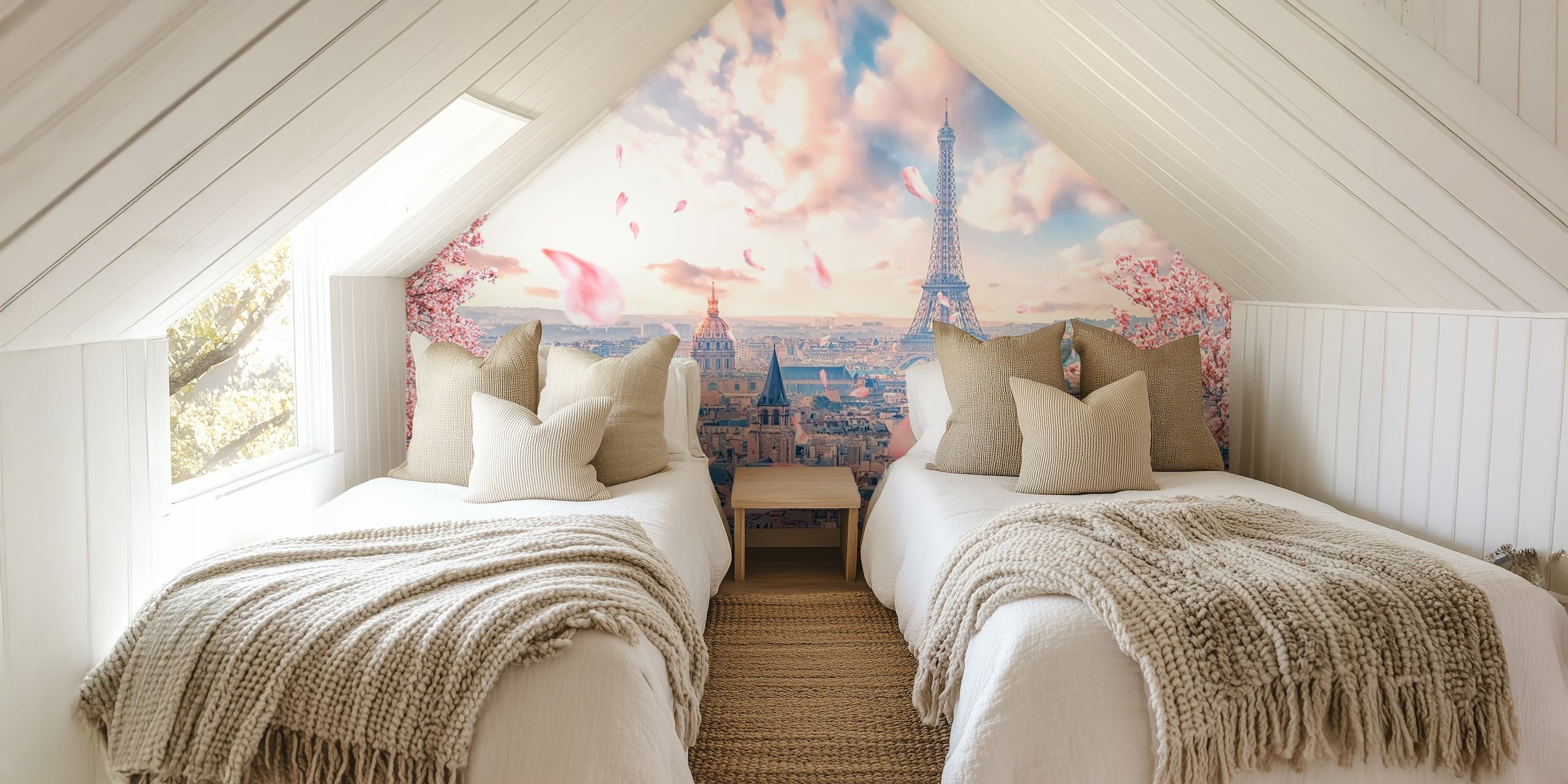 Cherry blossoms with pink petals near Eiffel Tower wallpaper