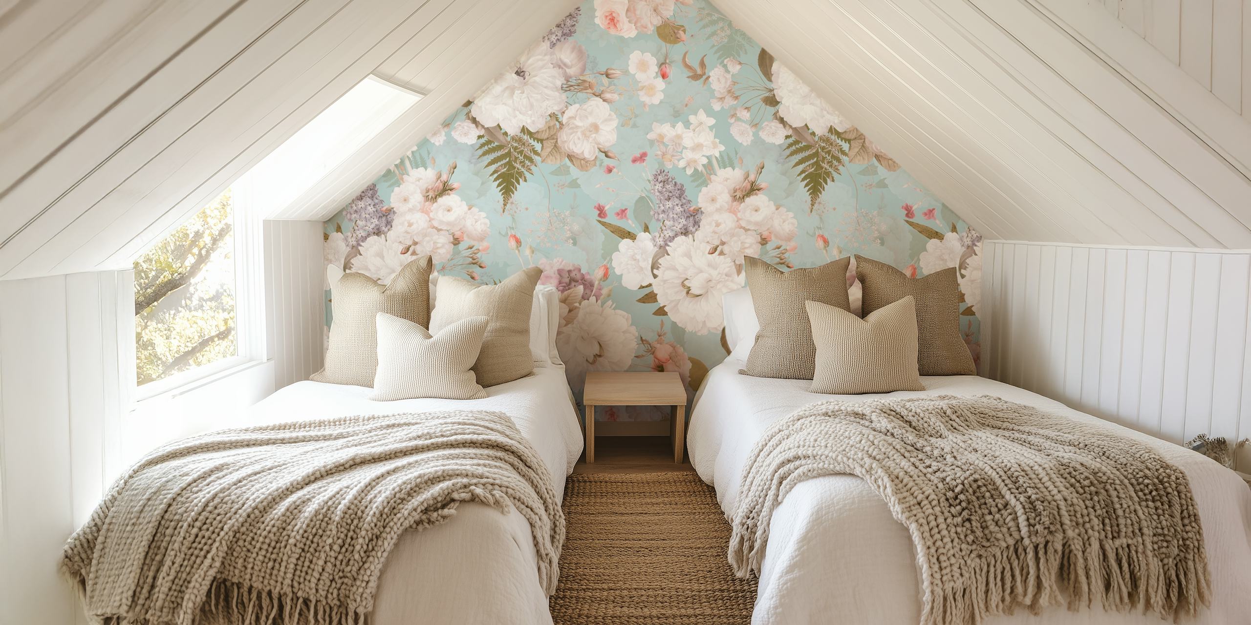 Blue Vintage Peony Garden wall mural with lush florals in a serene setting