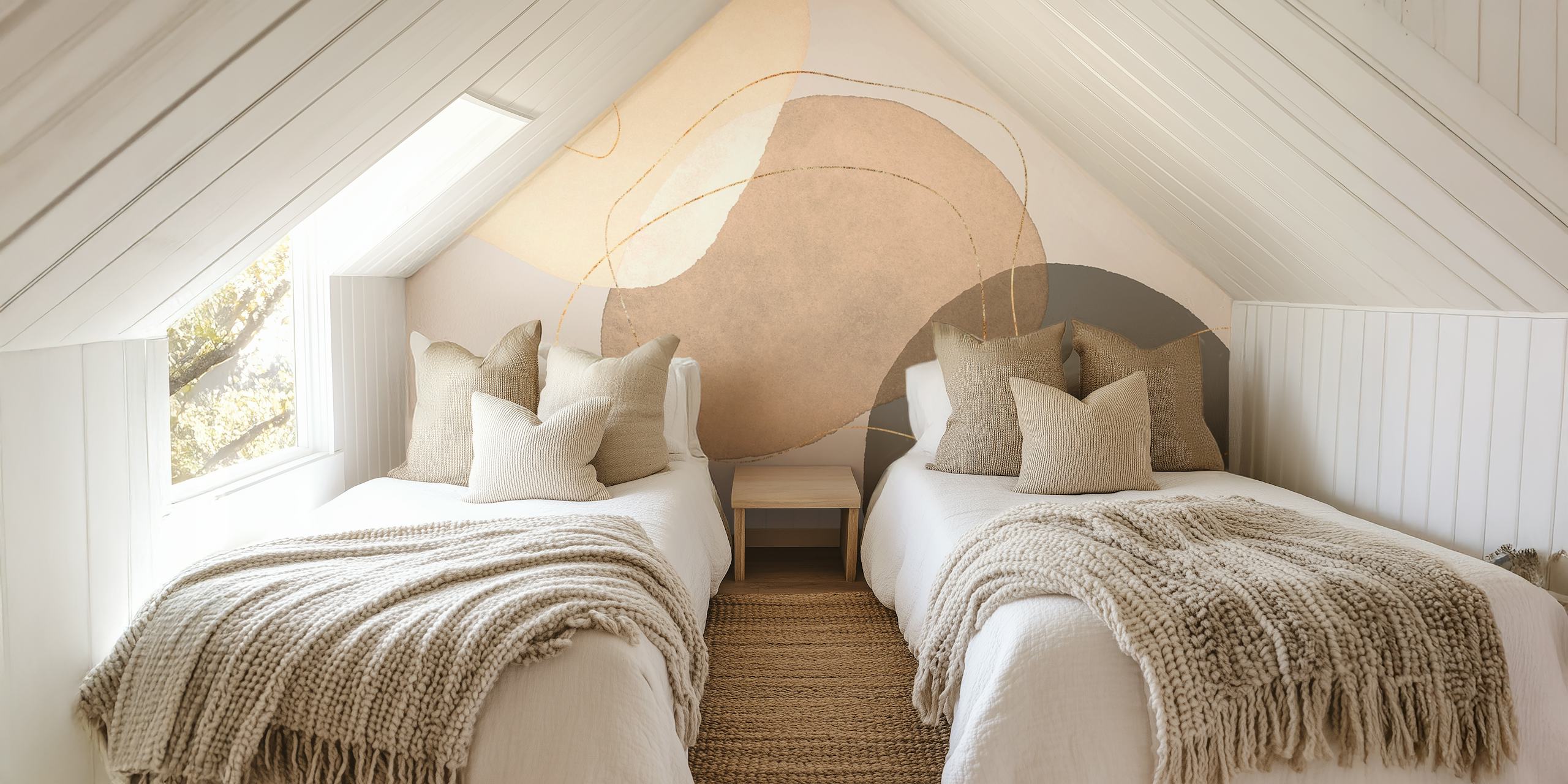 Abstract shapes in earthy tones of beige, taupe, and gray; modern wallpaper