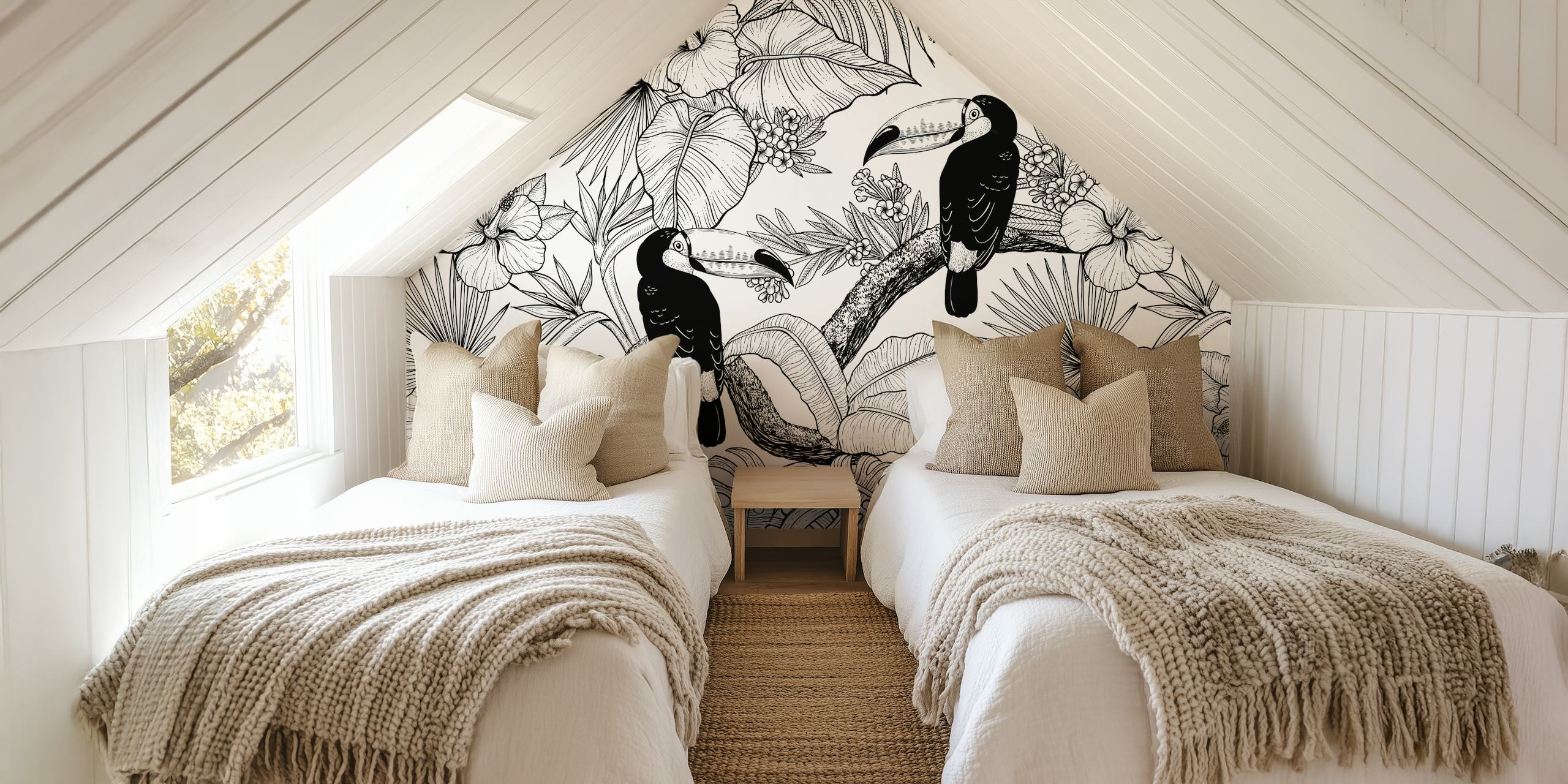 Toucan and tropical flowers in black and white wallpaper