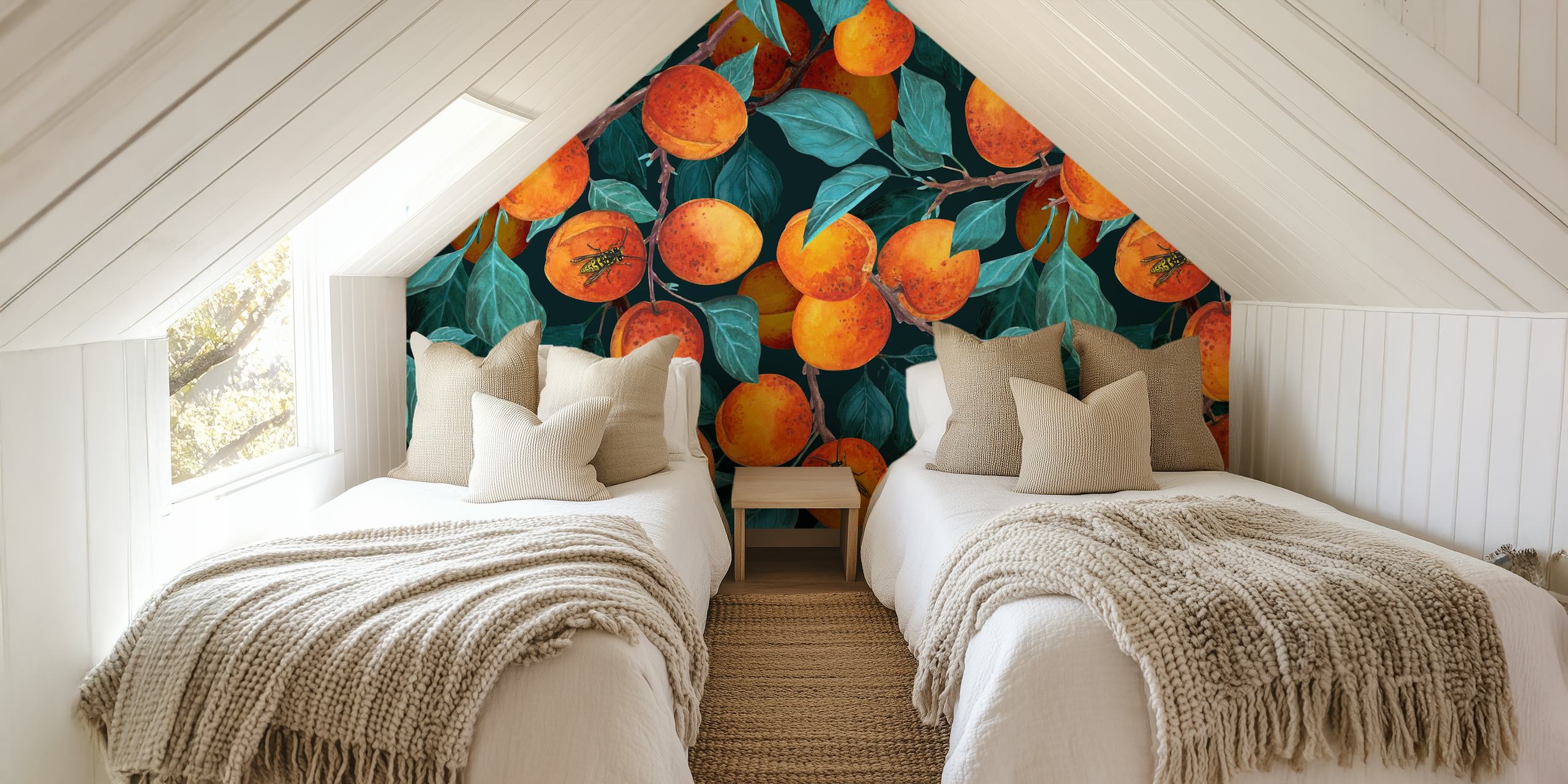 Dojrzałe morele na gałęziach z bujnymi zielonymi liśćmi fototapeta